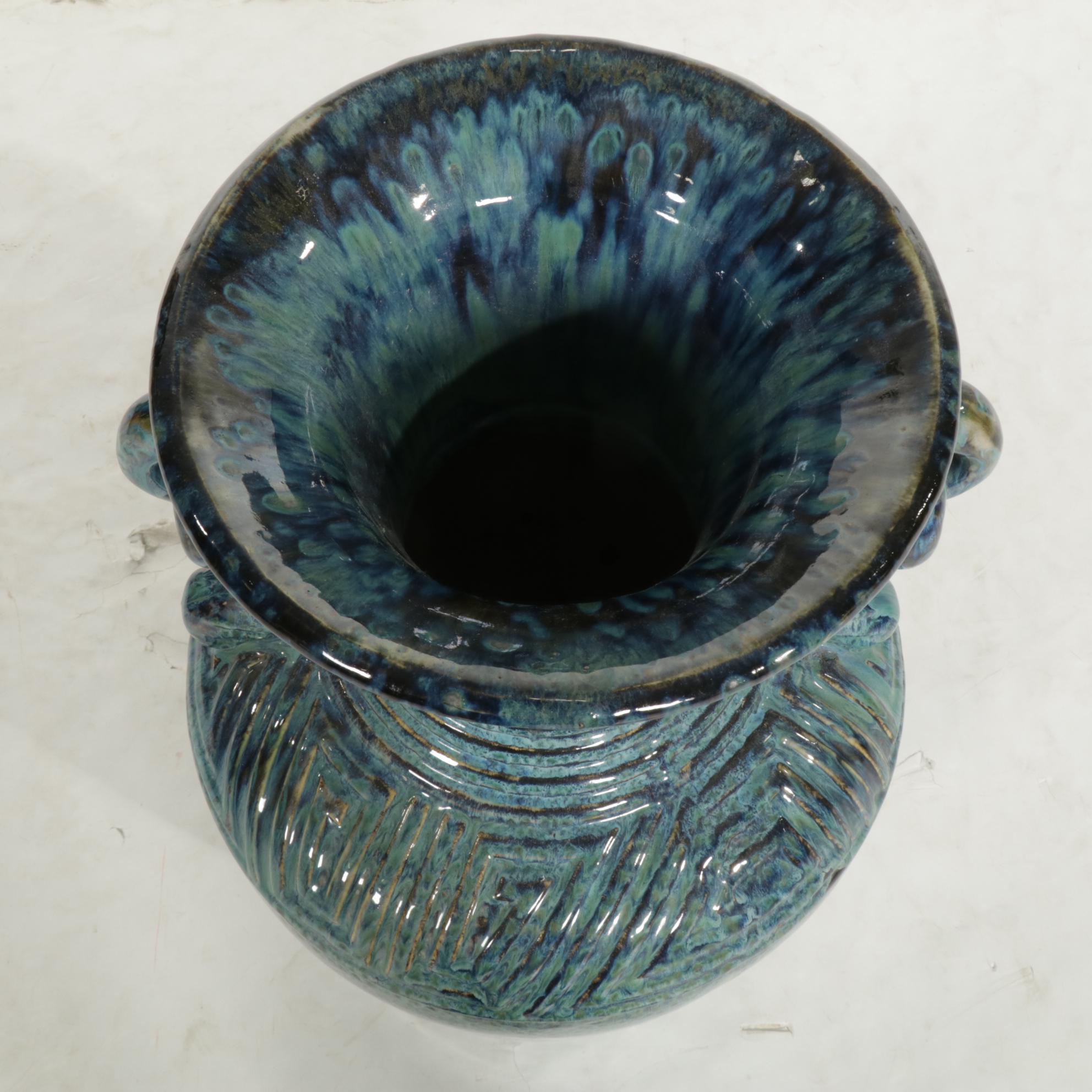 Classical Style Blue-Glazed Earthenware Garden Urn or Floor Vase