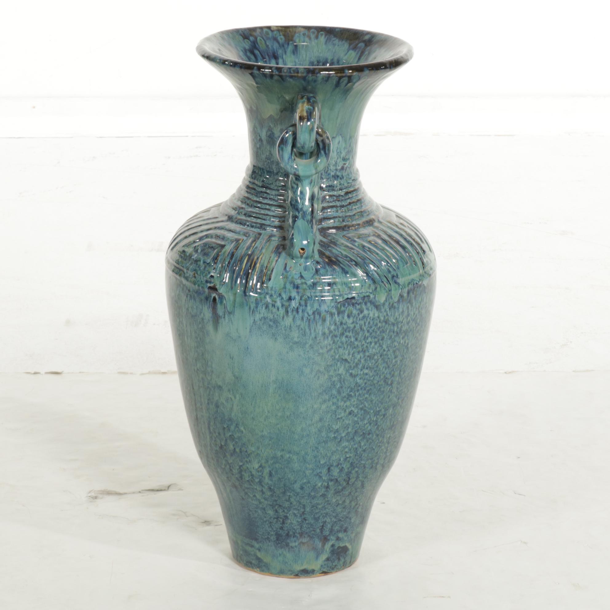 Classical Style Blue-Glazed Earthenware Garden Urn or Floor Vase