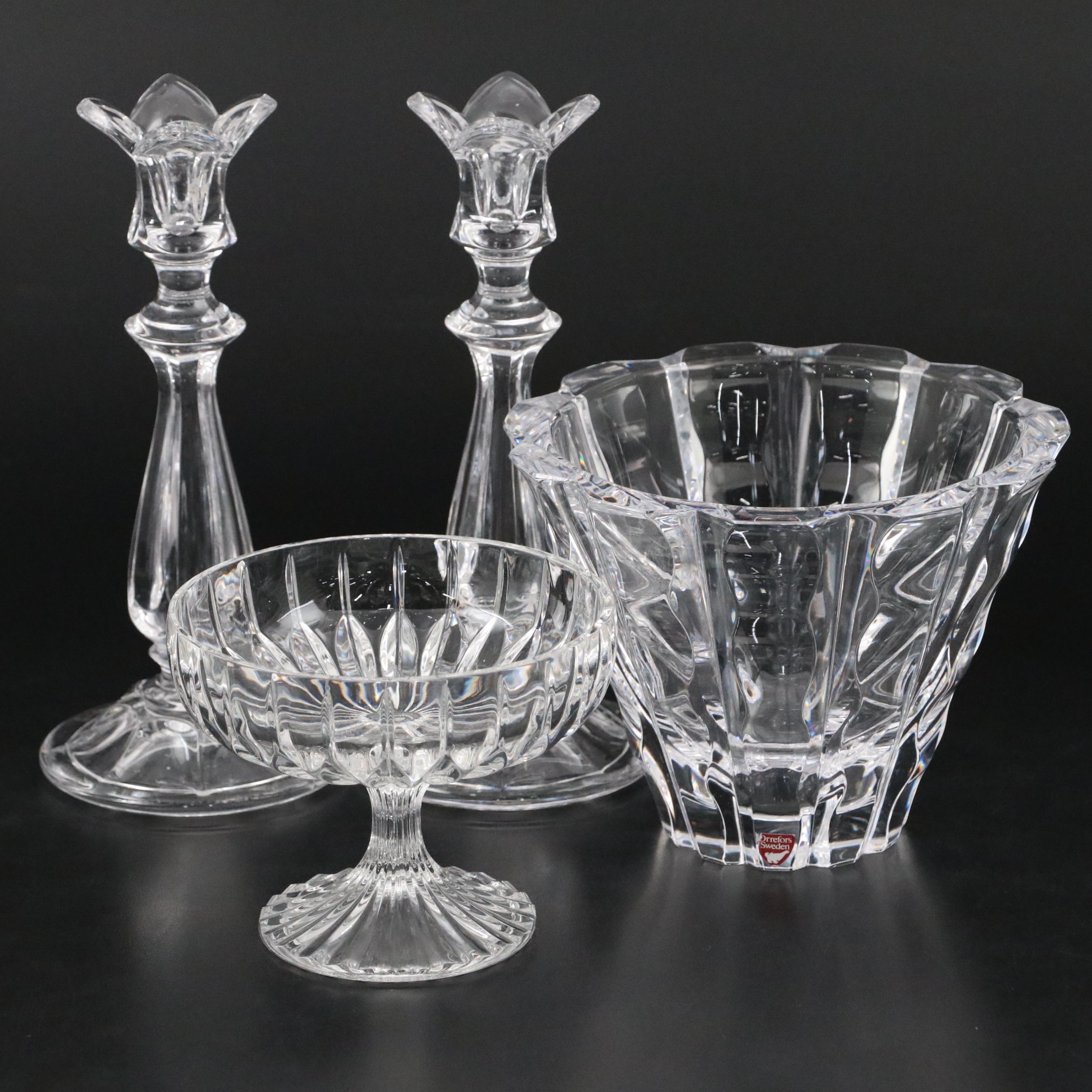 Orrefors "Waves" Crystal Bowl with Other Crystal Bowl and Candlesticks