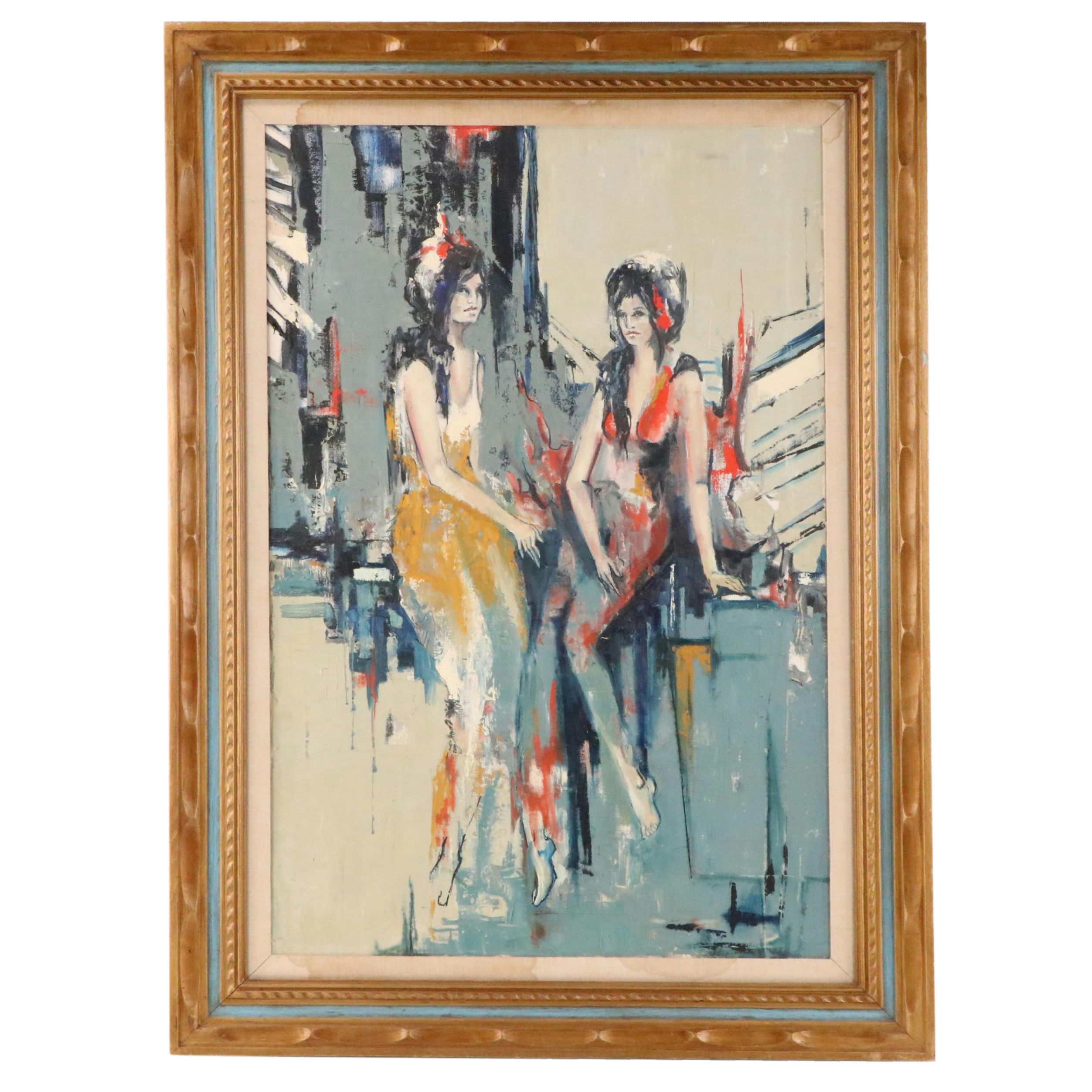 Stylized Figural Oil Painting with Two Women