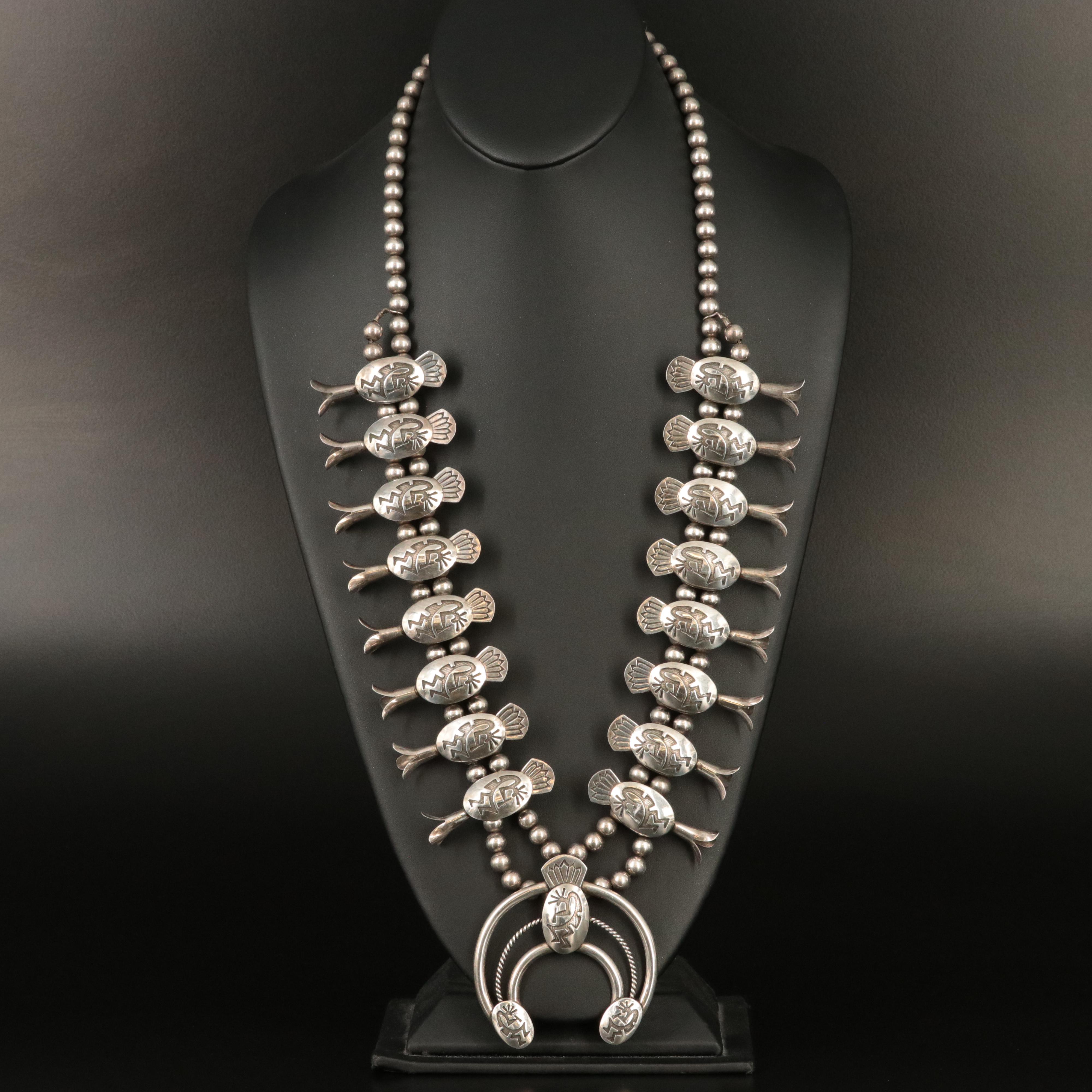 Southwestern Signed Sterling Kokopelli Naja Squash Blossom Overlay Necklace