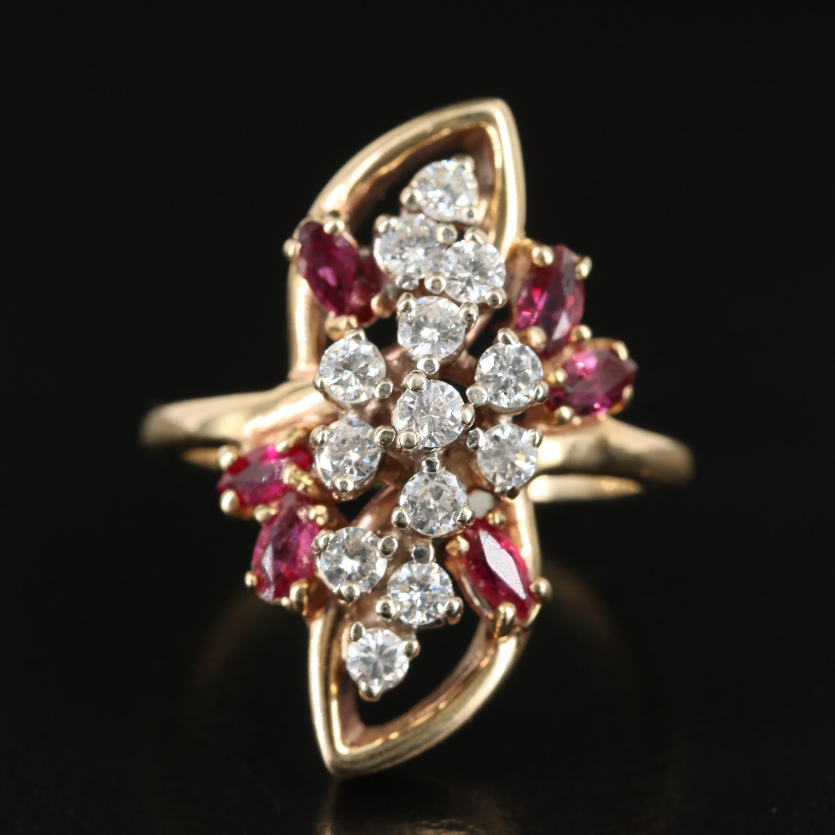 14K Diamond and Ruby Cluster Ring