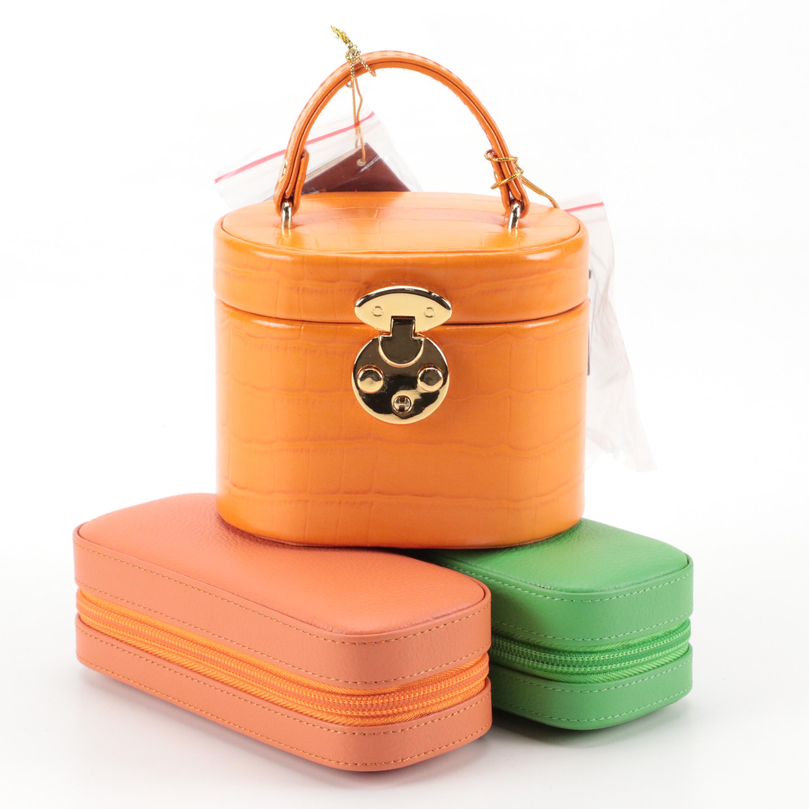 Rowallan Orange and Green Leather Travel Jewelry Boxes