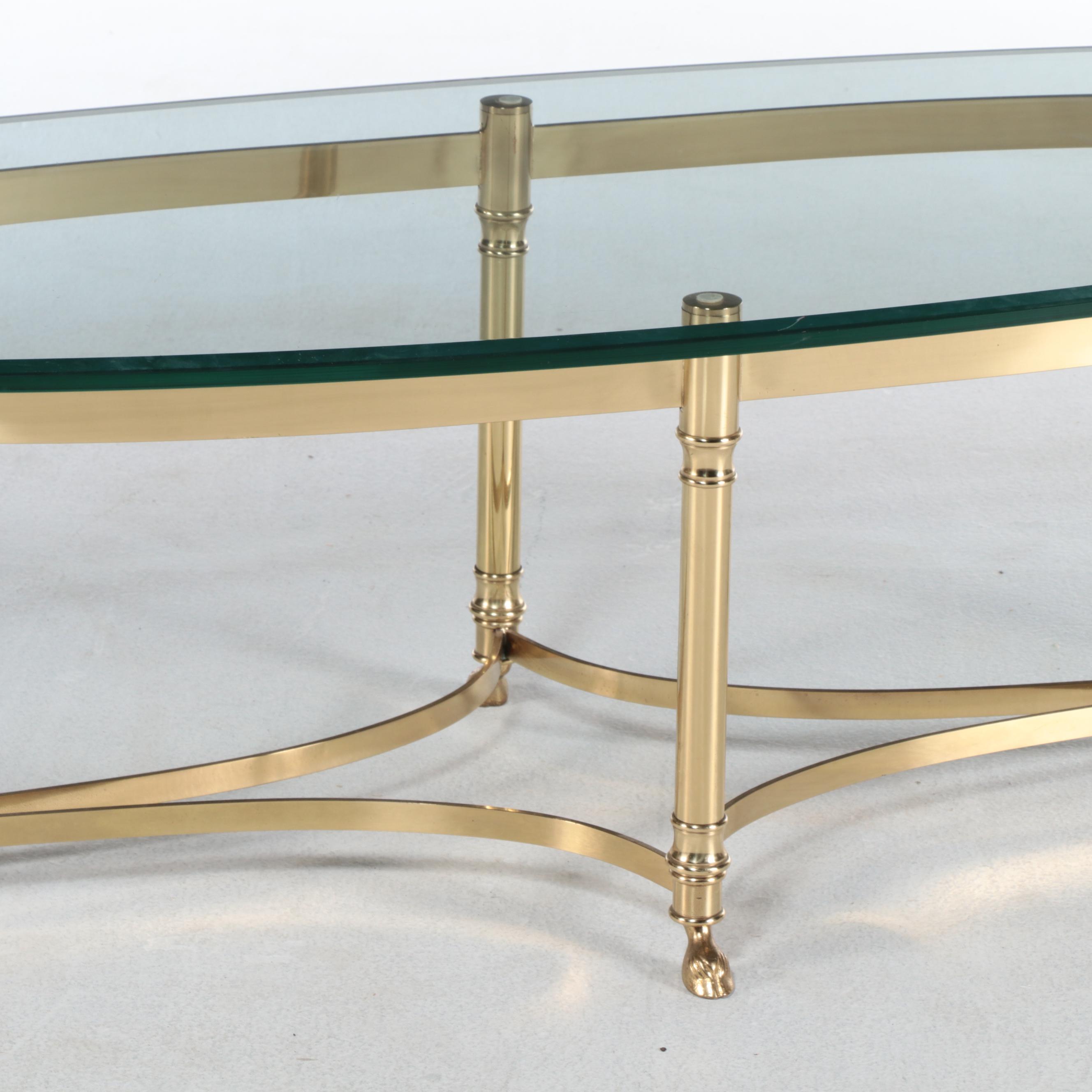 Hollywood Regency Style Brass and Beveled Glass Oval Coffee Table with Hoof Feet