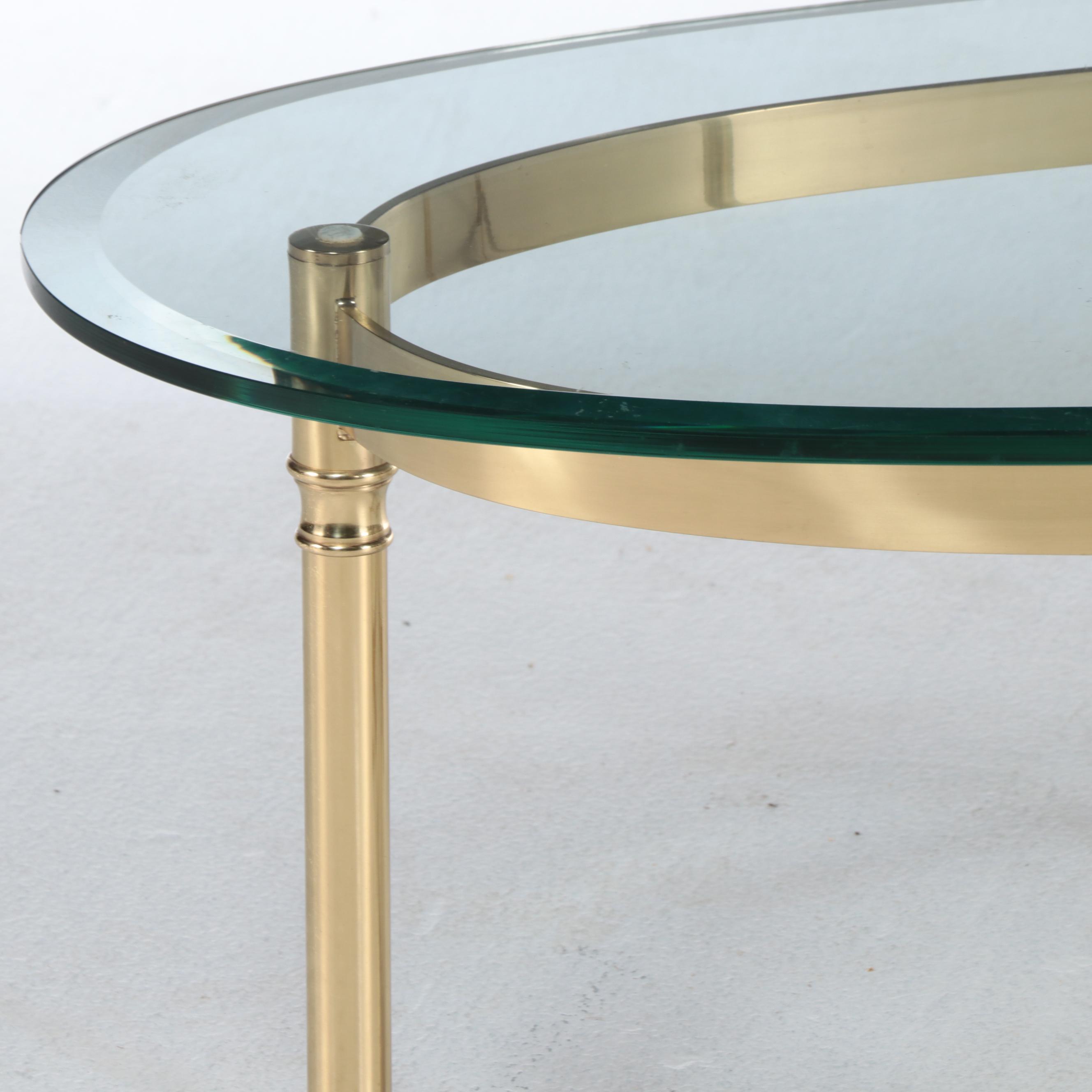 Hollywood Regency Style Brass and Beveled Glass Oval Coffee Table with Hoof Feet