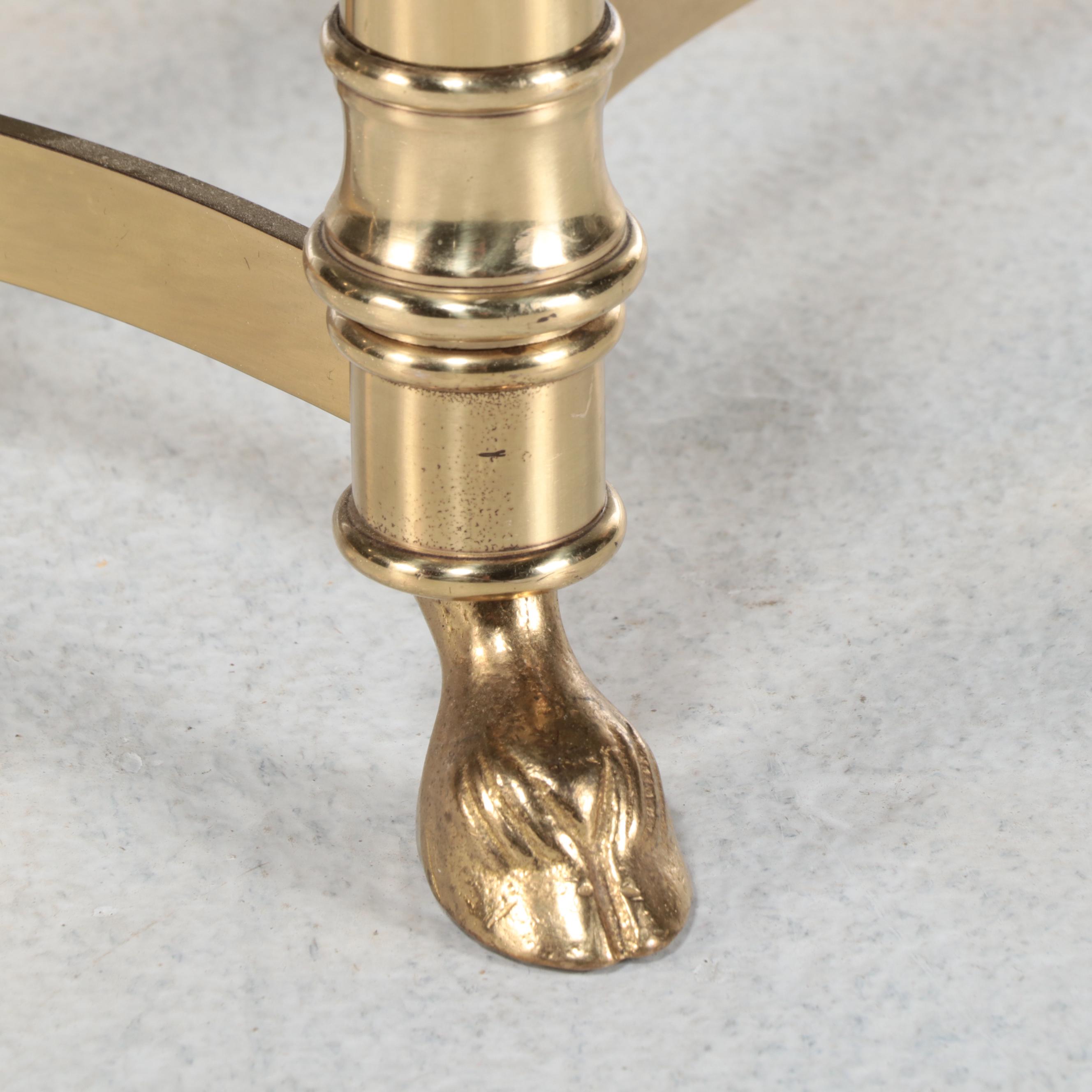 Hollywood Regency Style Brass and Beveled Glass Oval Coffee Table with Hoof Feet