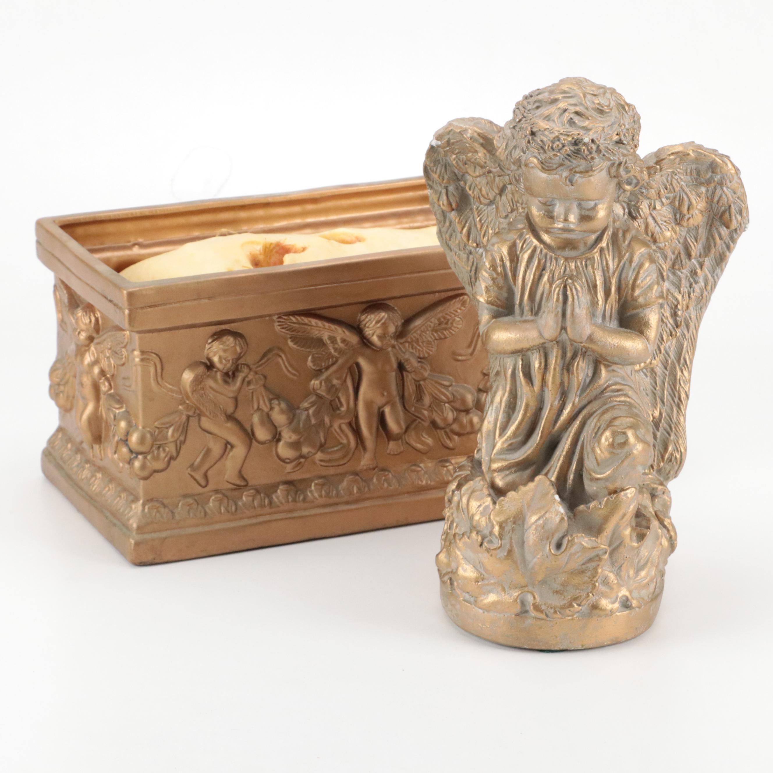 Gilt Plaster Guardian Angel Garden Statue with Gilt Plastic Angel Planter Box