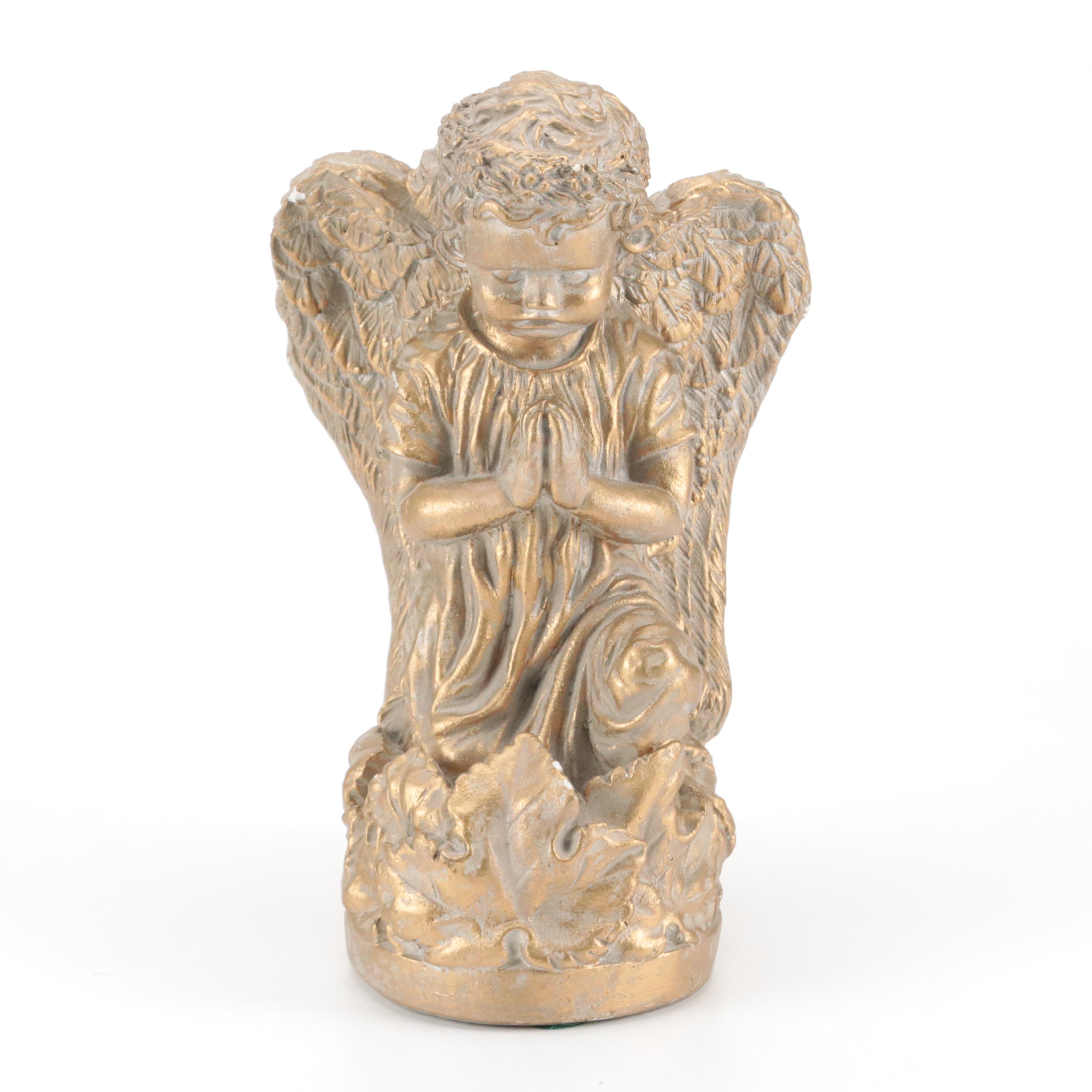 Gilt Plaster Guardian Angel Garden Statue with Gilt Plastic Angel Planter Box