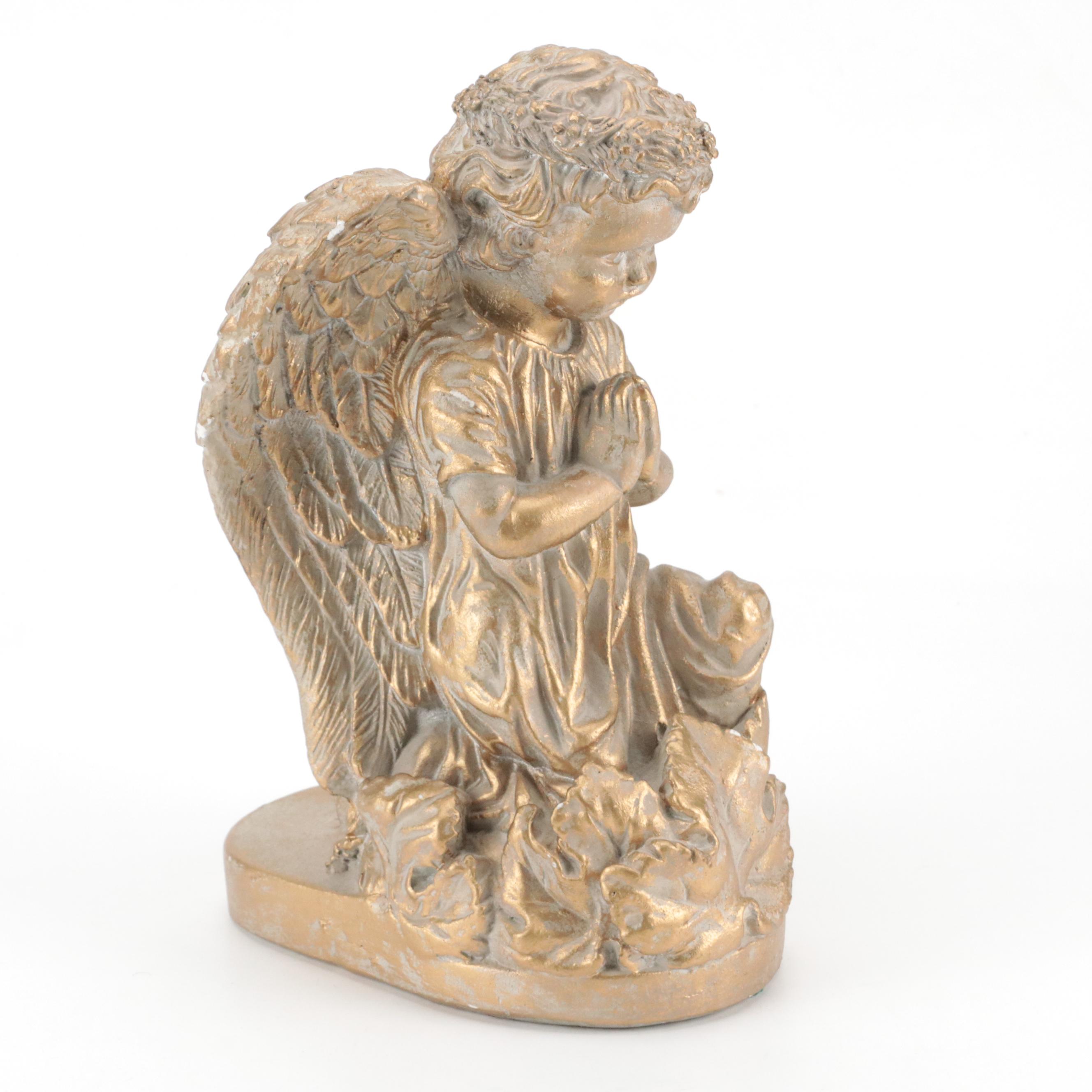 Gilt Plaster Guardian Angel Garden Statue with Gilt Plastic Angel Planter Box