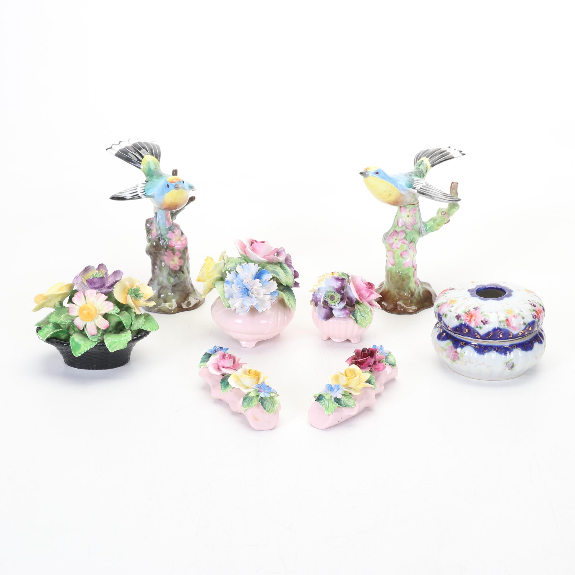 Pair of Spode  Copeland's China Bird Figurines with Ceramic Flower Arrangements