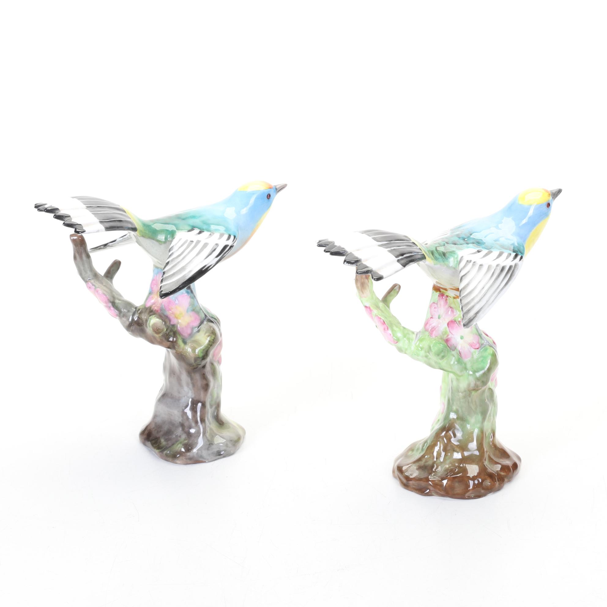 Pair of Spode  Copeland's China Bird Figurines with Ceramic Flower Arrangements