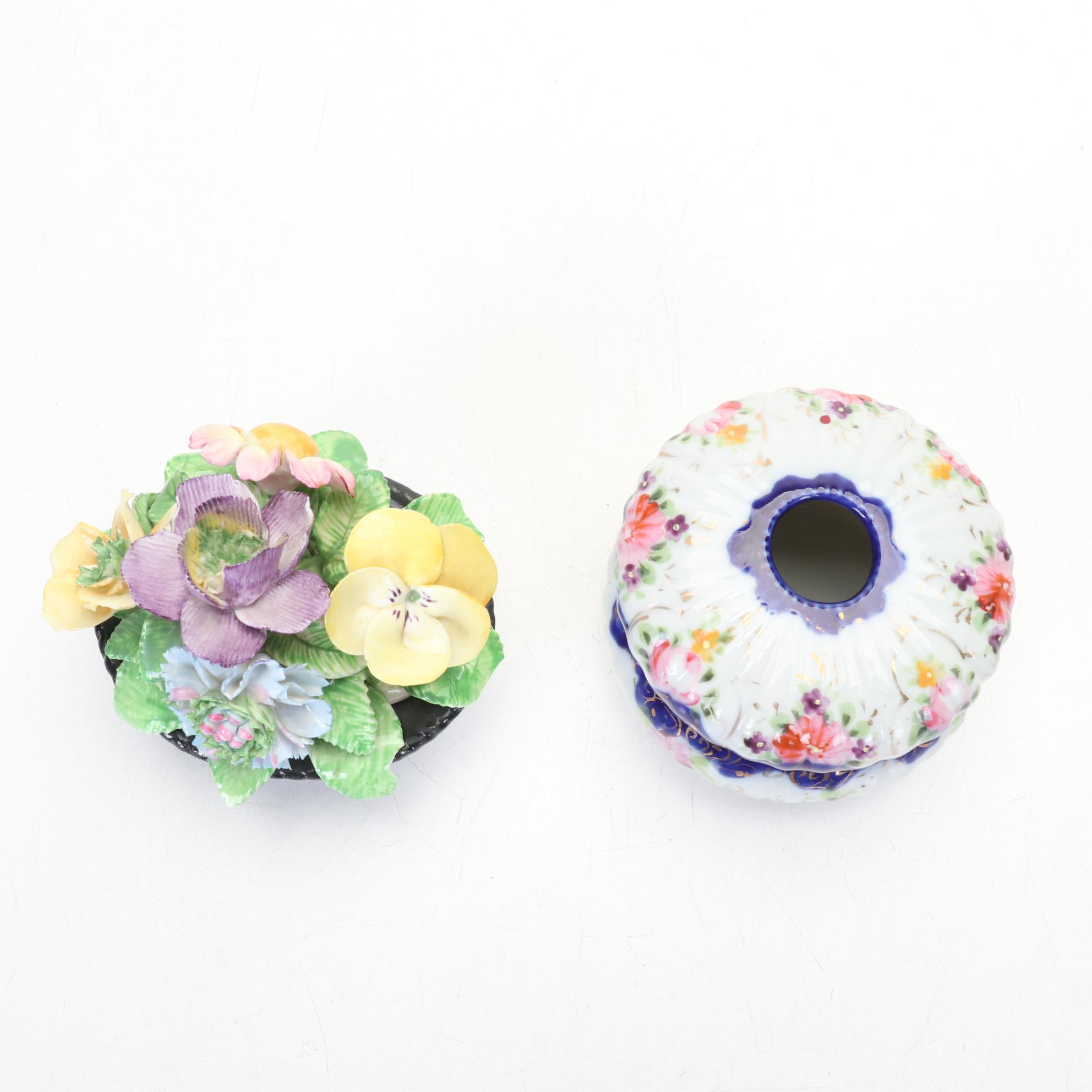 Pair of Spode  Copeland's China Bird Figurines with Ceramic Flower Arrangements