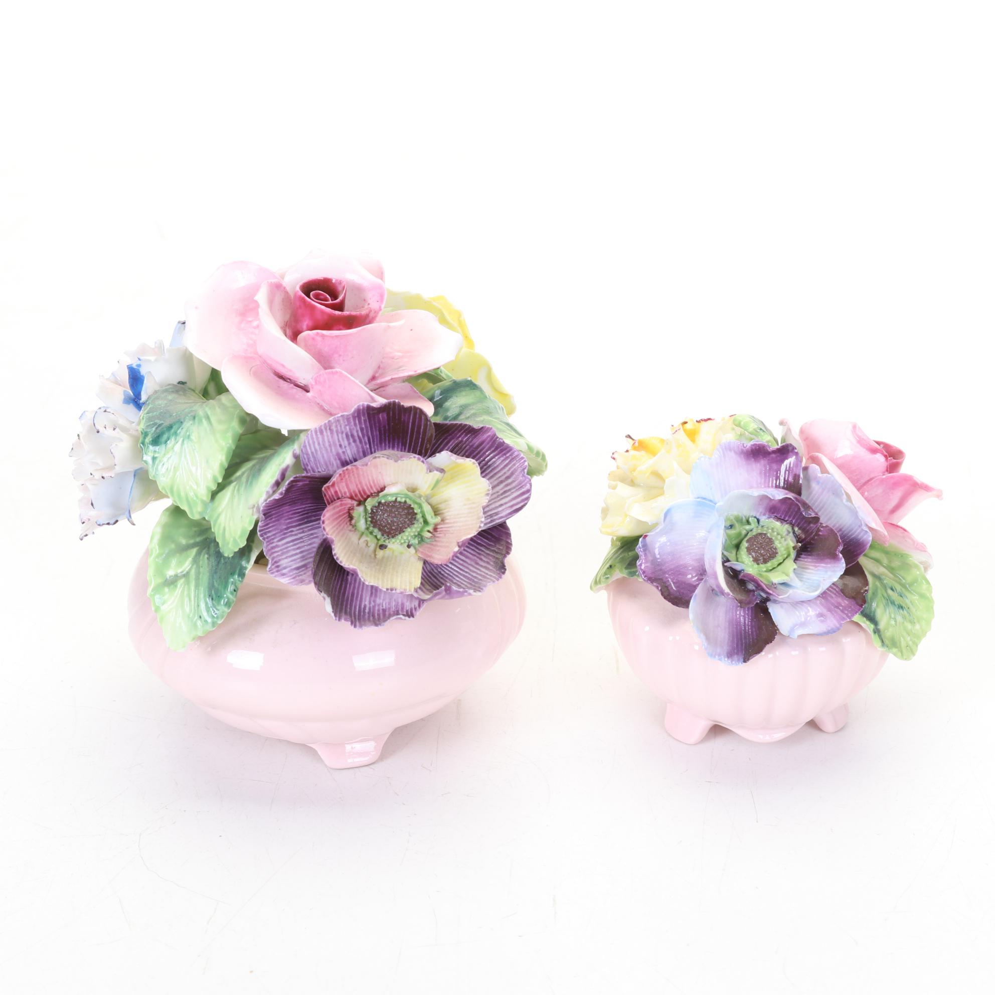 Pair of Spode  Copeland's China Bird Figurines with Ceramic Flower Arrangements