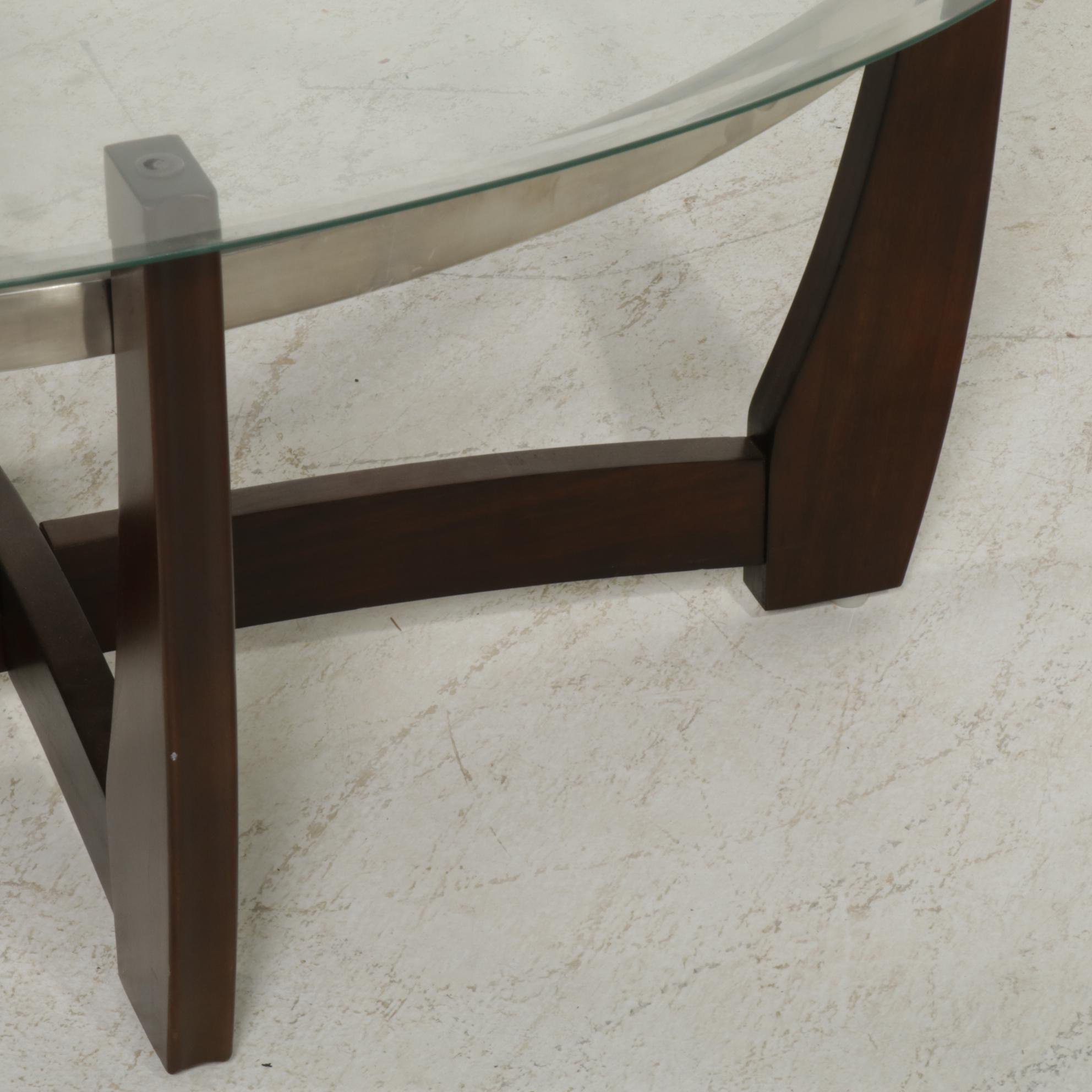 Mid Century Modern Style Glass Top, Wood and Chrome Metal Coffee and End Tables