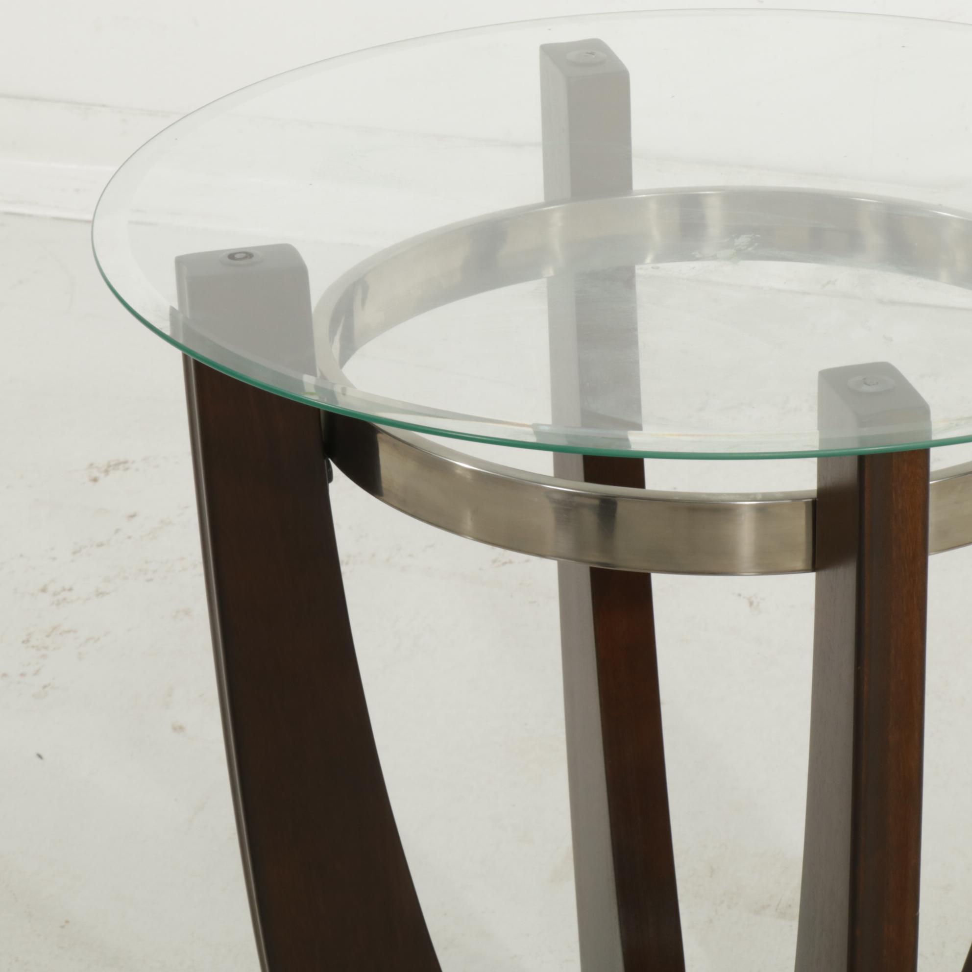 Mid Century Modern Style Glass Top, Wood and Chrome Metal Coffee and End Tables