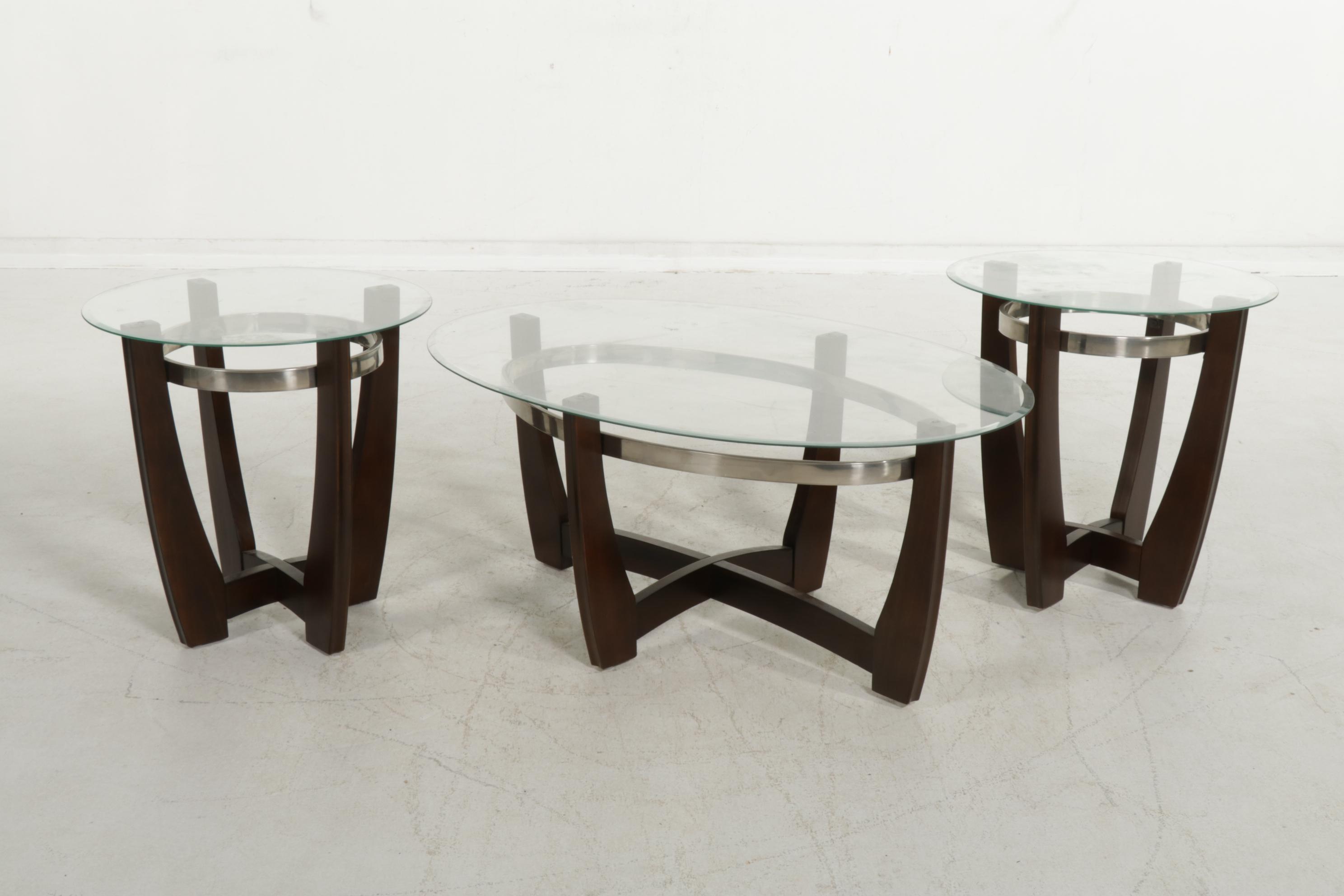 Mid Century Modern Style Glass Top, Wood and Chrome Metal Coffee and End Tables