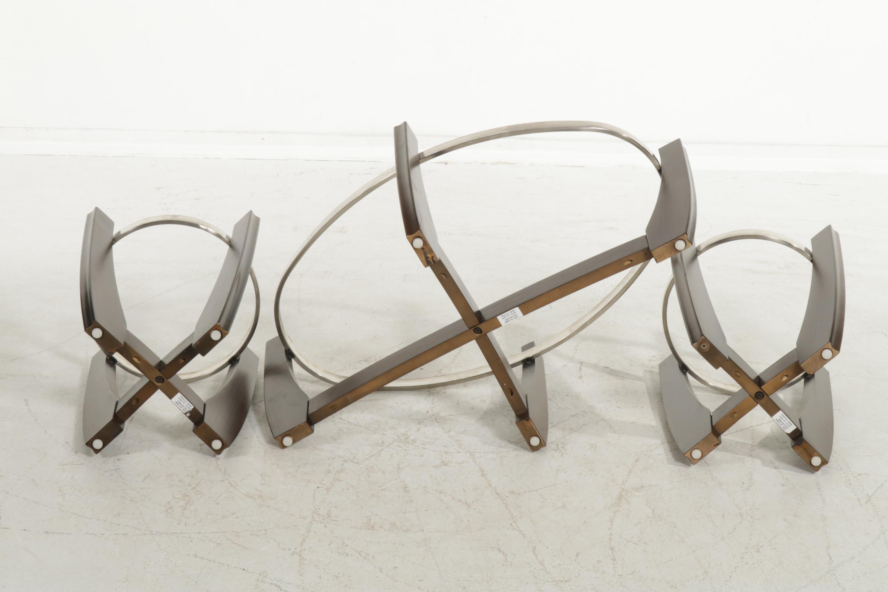 Mid Century Modern Style Glass Top, Wood and Chrome Metal Coffee and End Tables