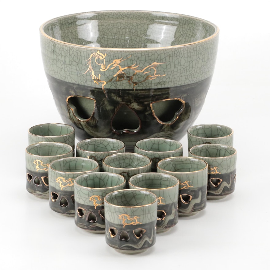 Japanese Otagiri "Soma Ware" Double-Walled Ceramic Cups and Punch Bowl