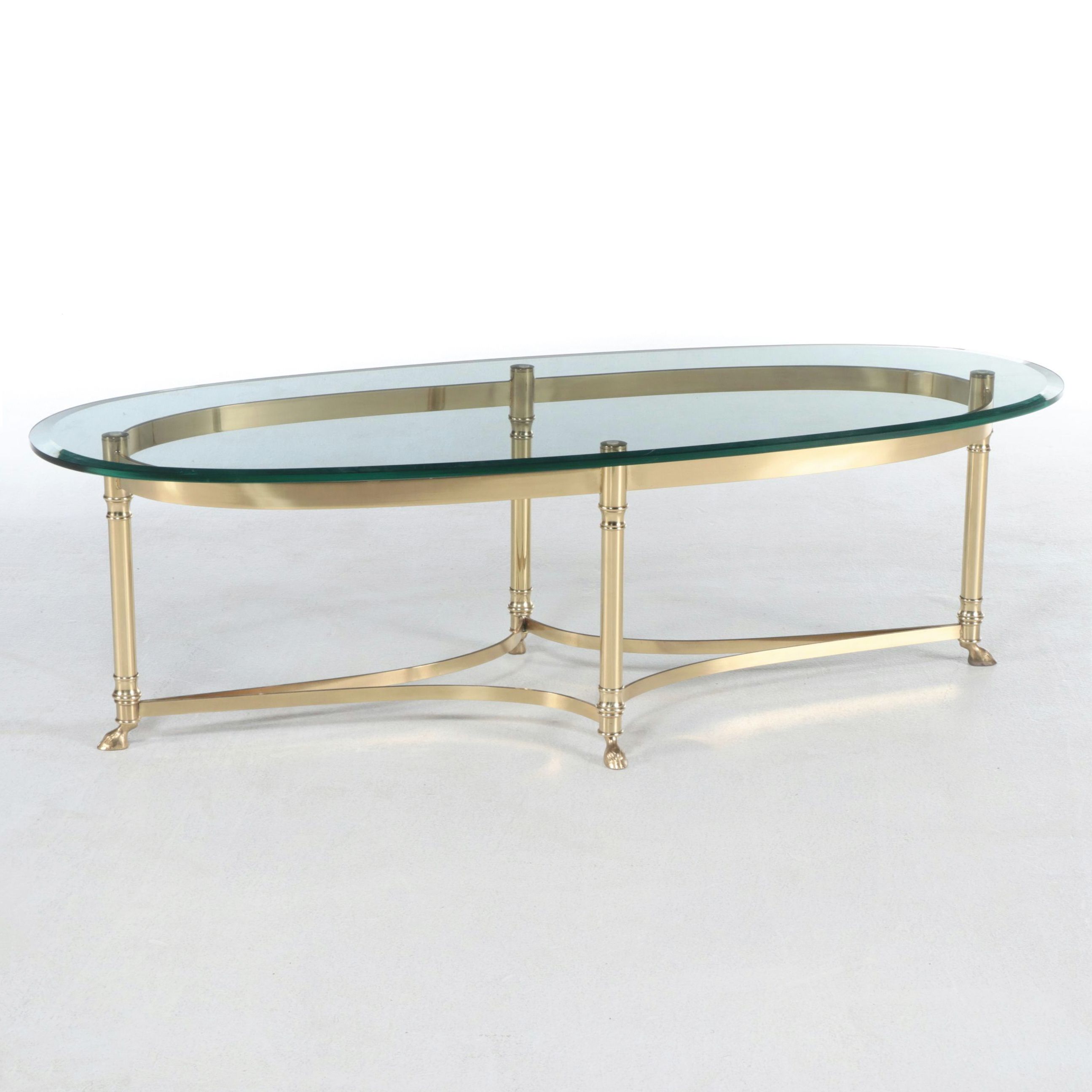Hollywood Regency Style Brass and Beveled Glass Oval Coffee Table with Hoof Feet