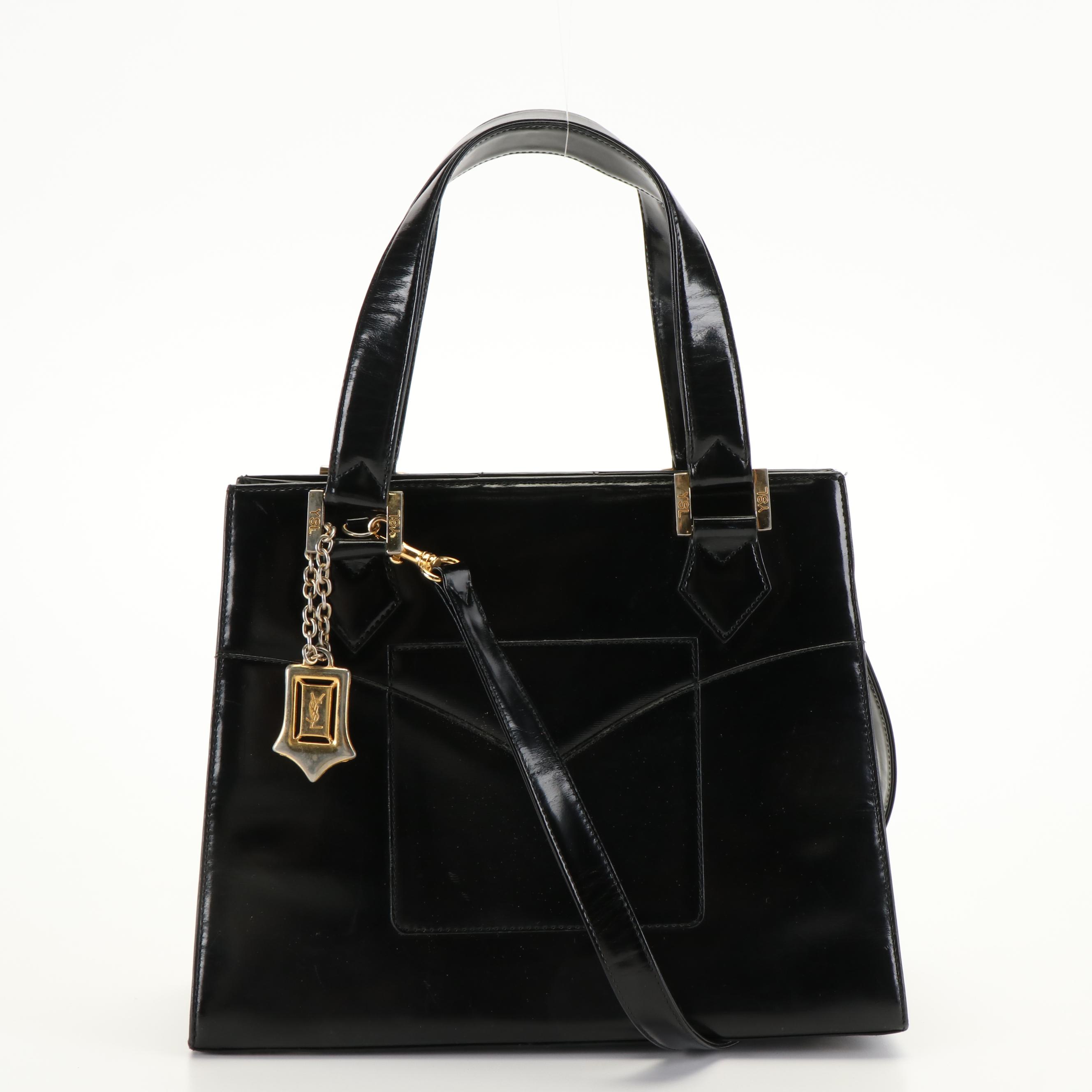 Yves Saint Laurent YSL Logo Black Patent Leather Top Handle Convertible Bag