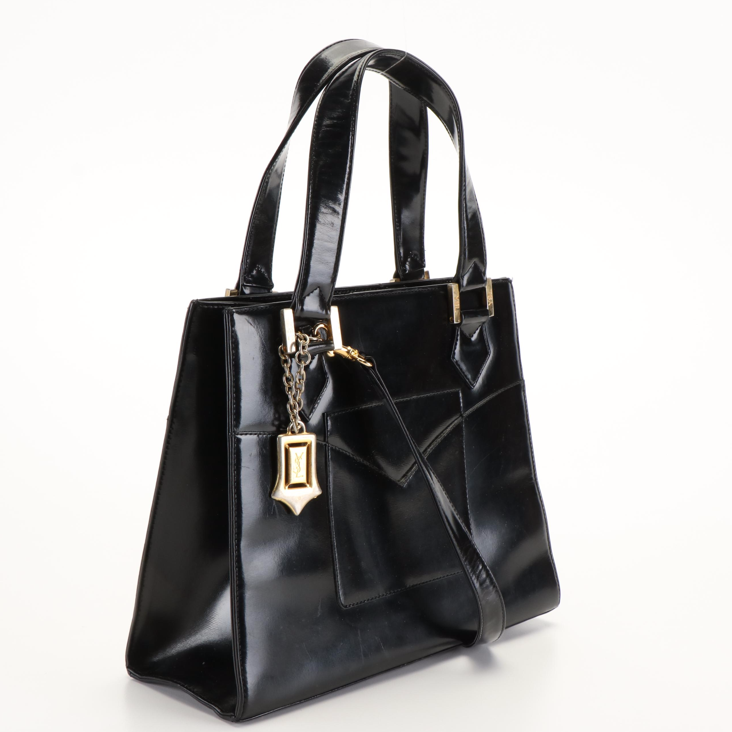 Yves Saint Laurent YSL Logo Black Patent Leather Top Handle Convertible Bag