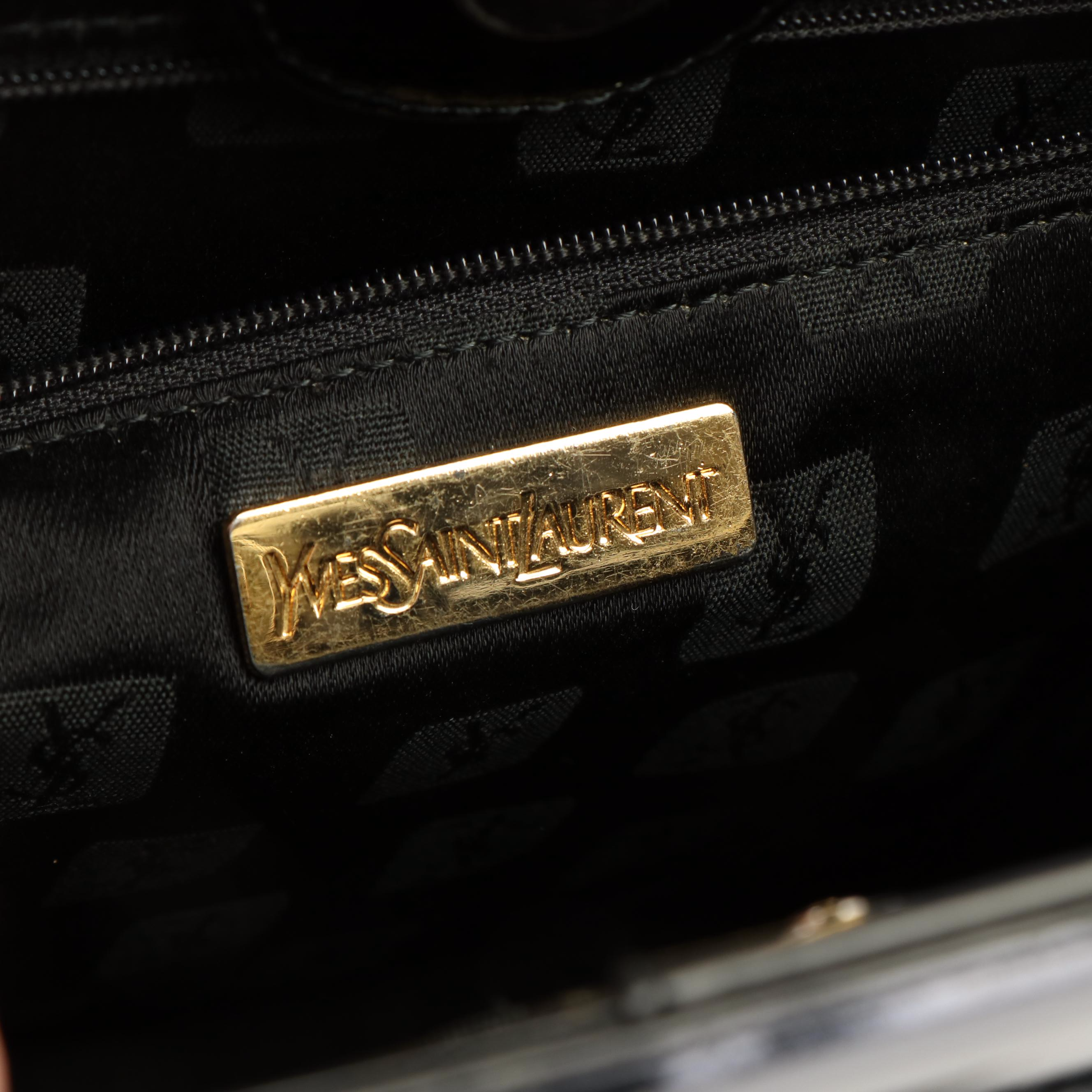 Yves Saint Laurent YSL Logo Black Patent Leather Top Handle Convertible Bag