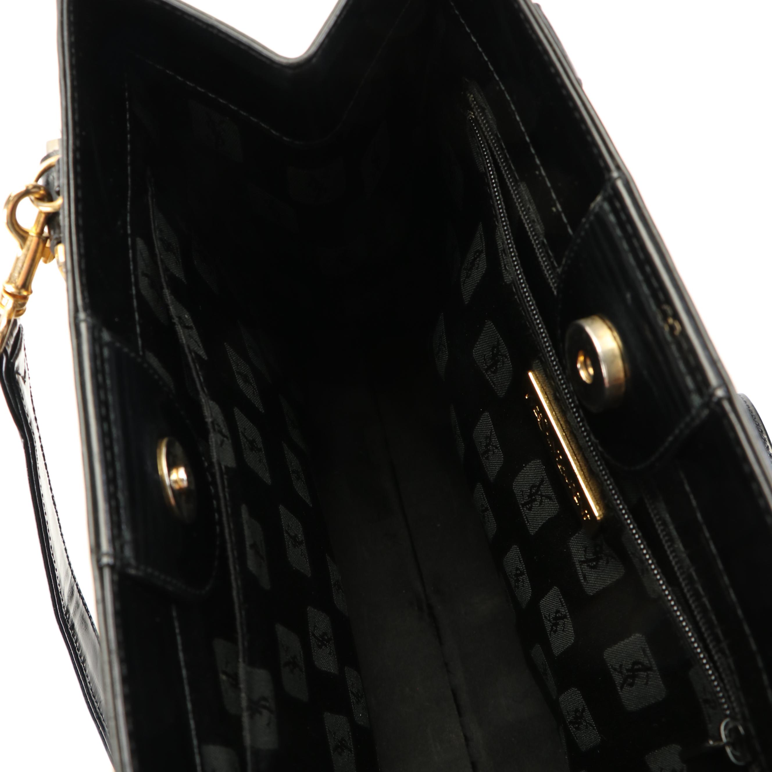 Yves Saint Laurent YSL Logo Black Patent Leather Top Handle Convertible Bag