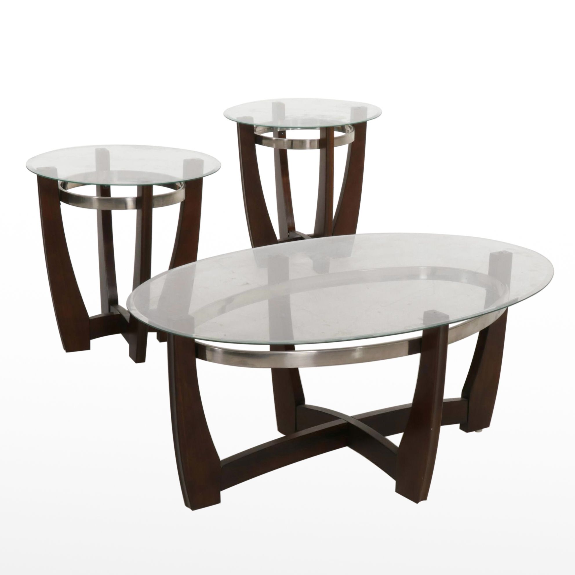 Mid Century Modern Style Glass Top, Wood and Chrome Metal Coffee and End Tables