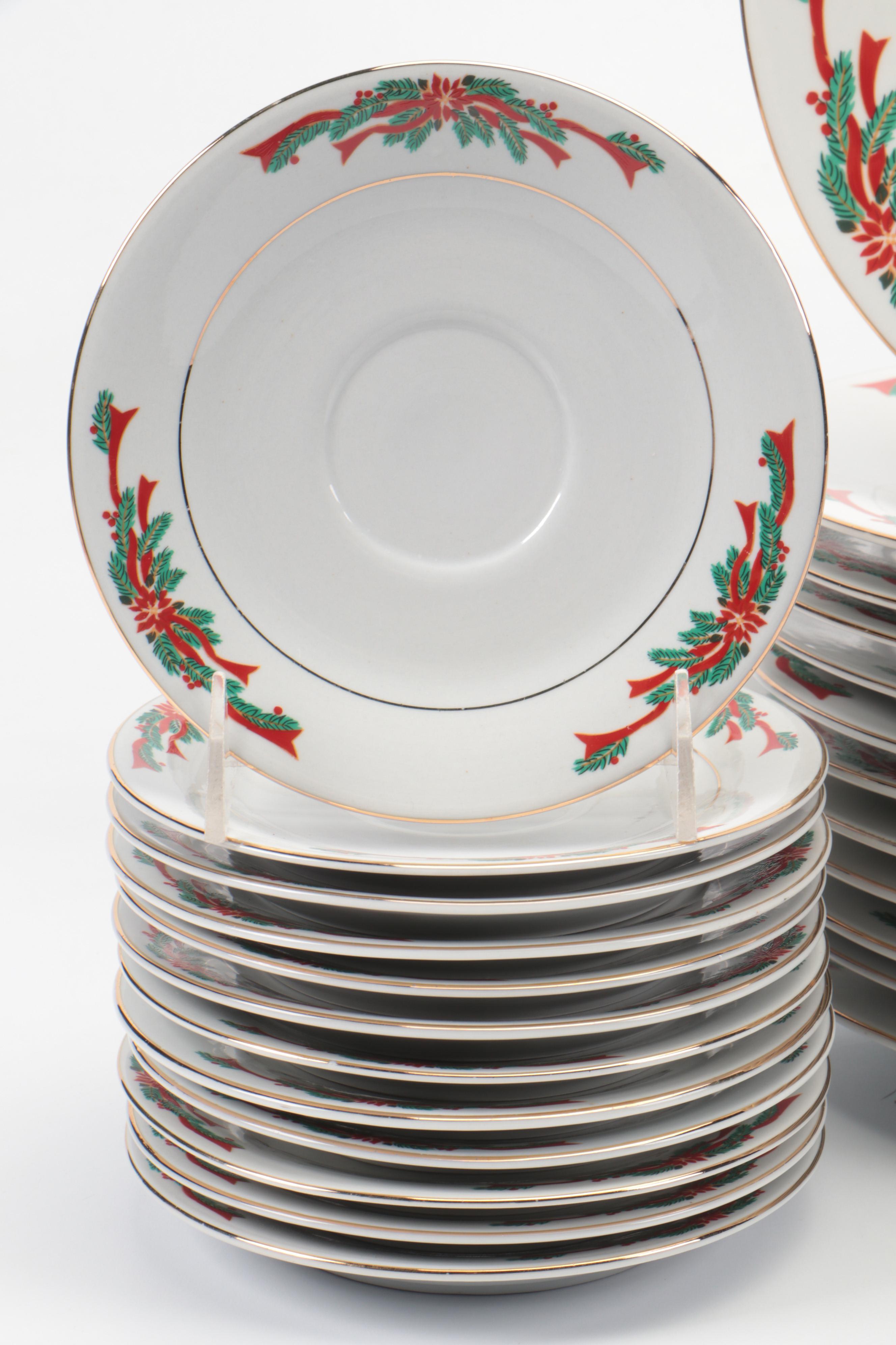 Fine China "Poinsettia & Ribbons" Dinnerware
