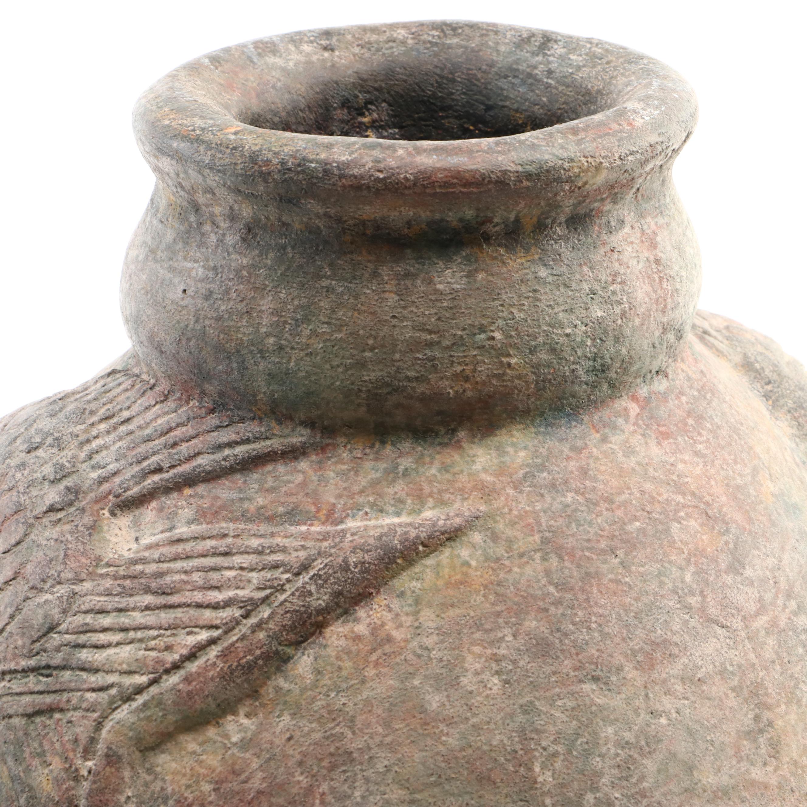 Vintage Ceramic Vase Featuring Fish and Brick Relief Pattern