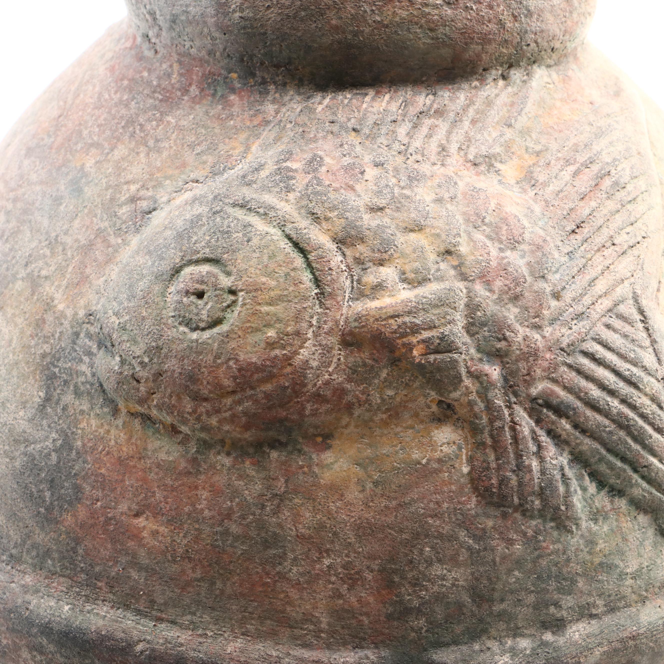 Vintage Ceramic Vase Featuring Fish and Brick Relief Pattern