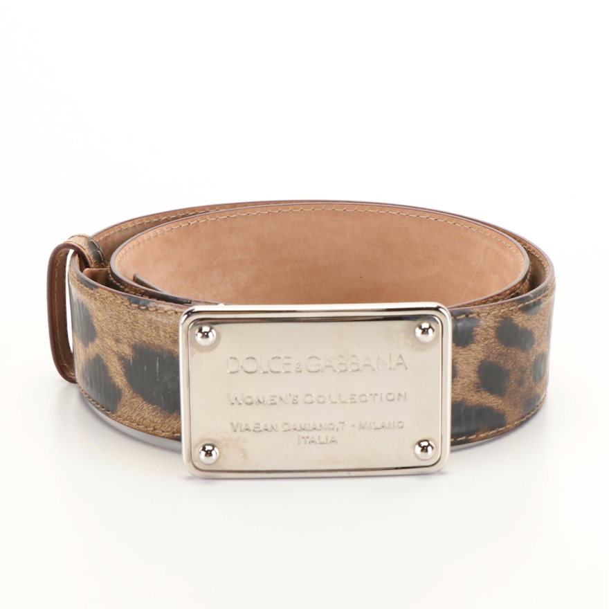Dolce & Gabbana Leopard- Print Crespo Leather Belt with Branded Plate Buckle