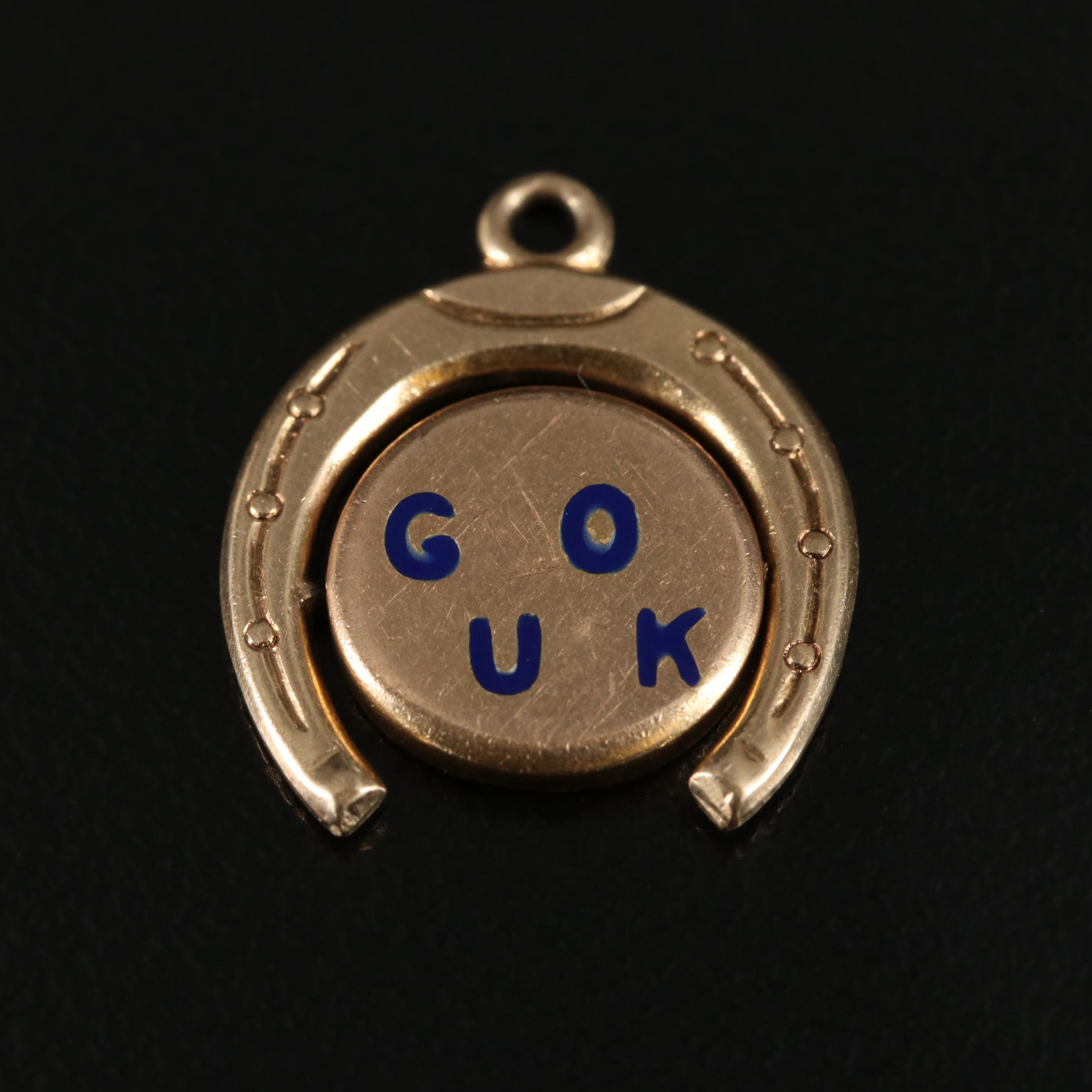 14K Enamel "Good Luck" Horseshoe Thaumatrope Charm