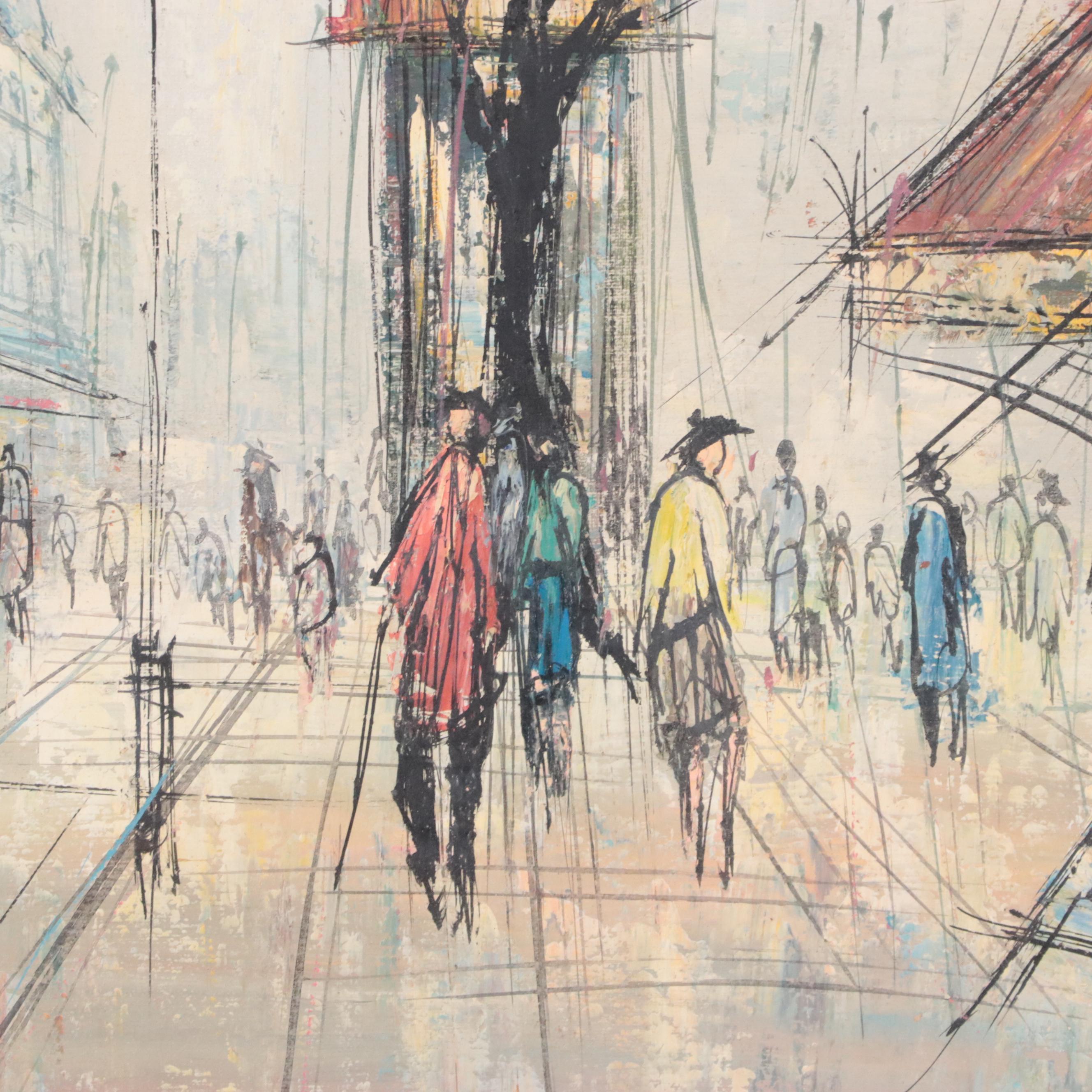 W. DuChamp Oil Painting of a City Street Scene, Mid to Late 20th Century