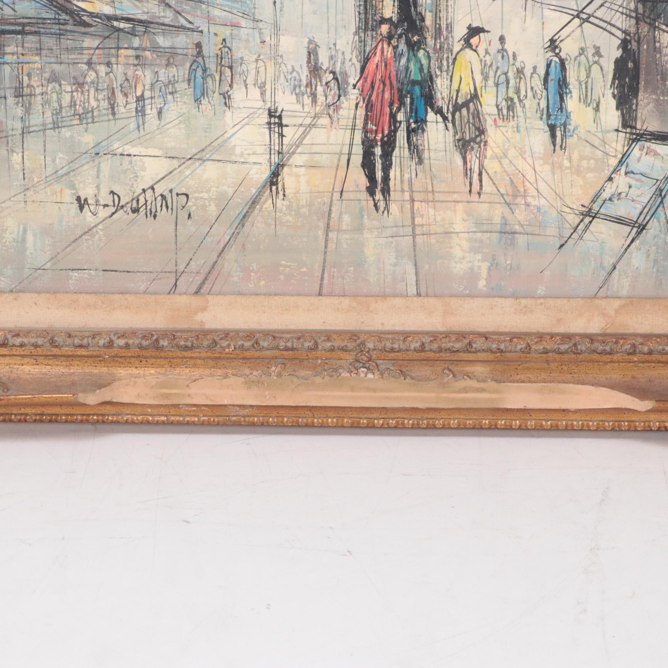 W. DuChamp Oil Painting of a City Street Scene, Mid to Late 20th Century