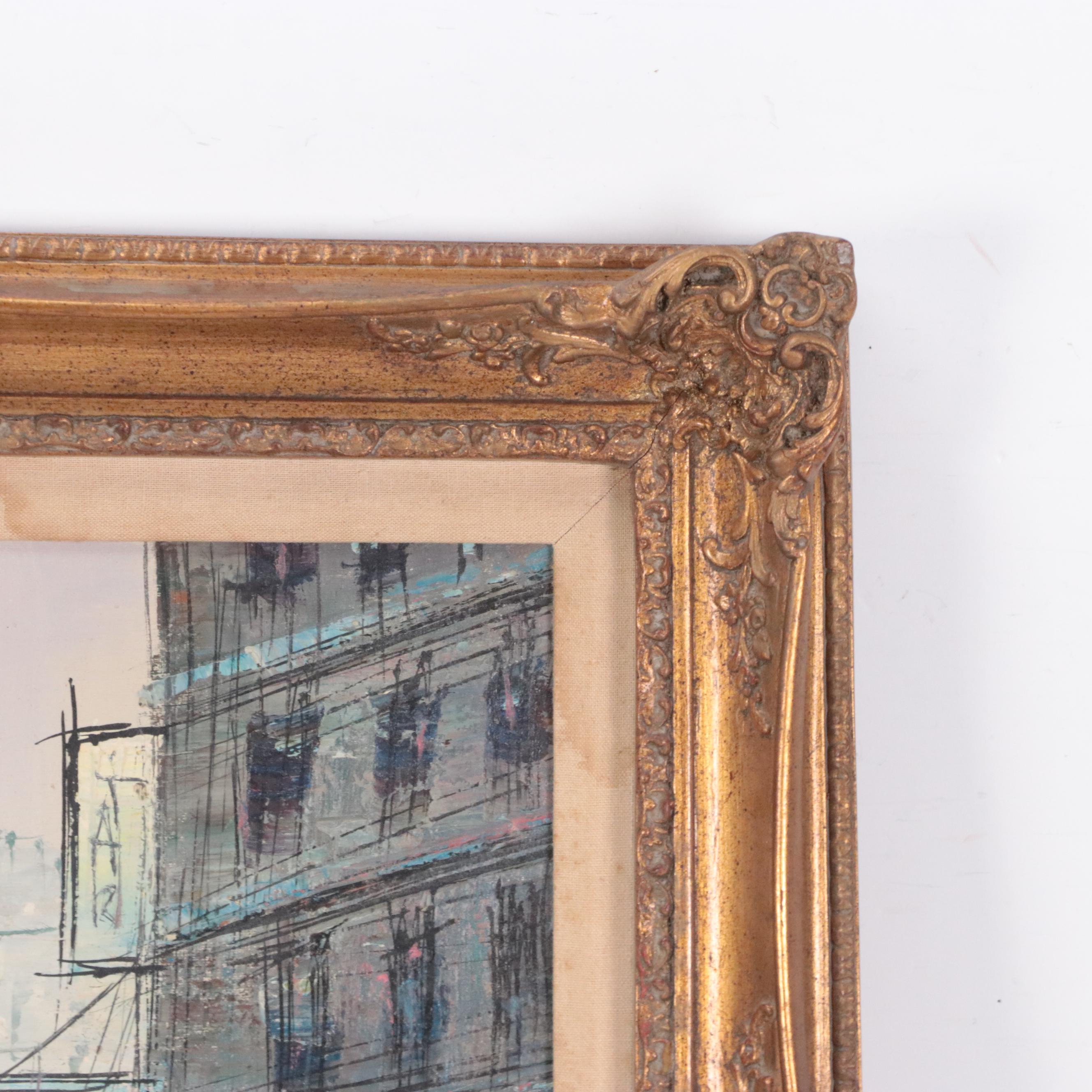 W. DuChamp Oil Painting of a City Street Scene, Mid to Late 20th Century