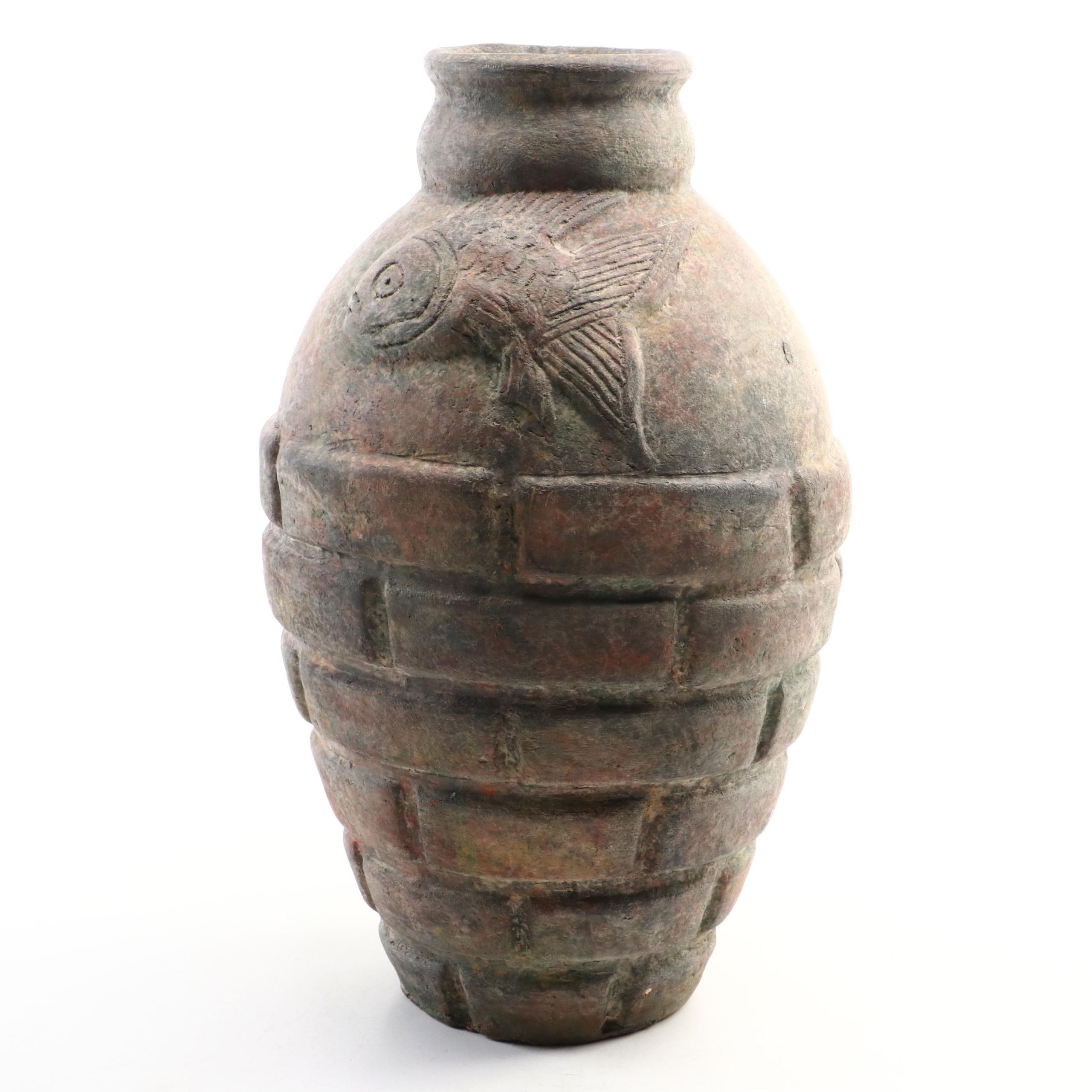 Vintage Ceramic Vase Featuring Fish and Brick Relief Pattern