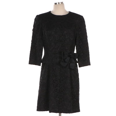 Oscar de la Renta Pink Label Black Lace 3/4 Sleeve Dress with Bow Accent