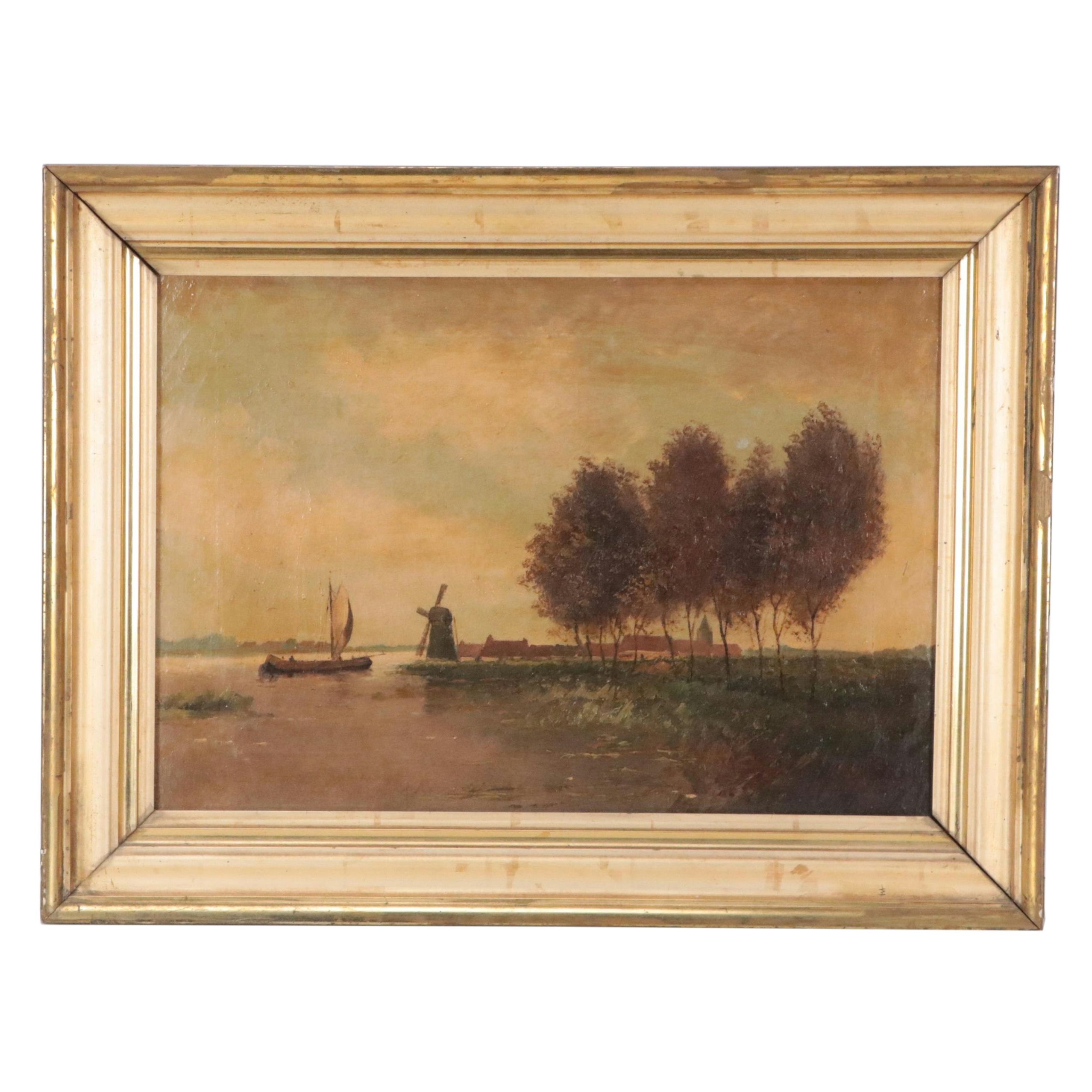 River Landscape Oil Painting With Windmill and Ship Along Shoreline