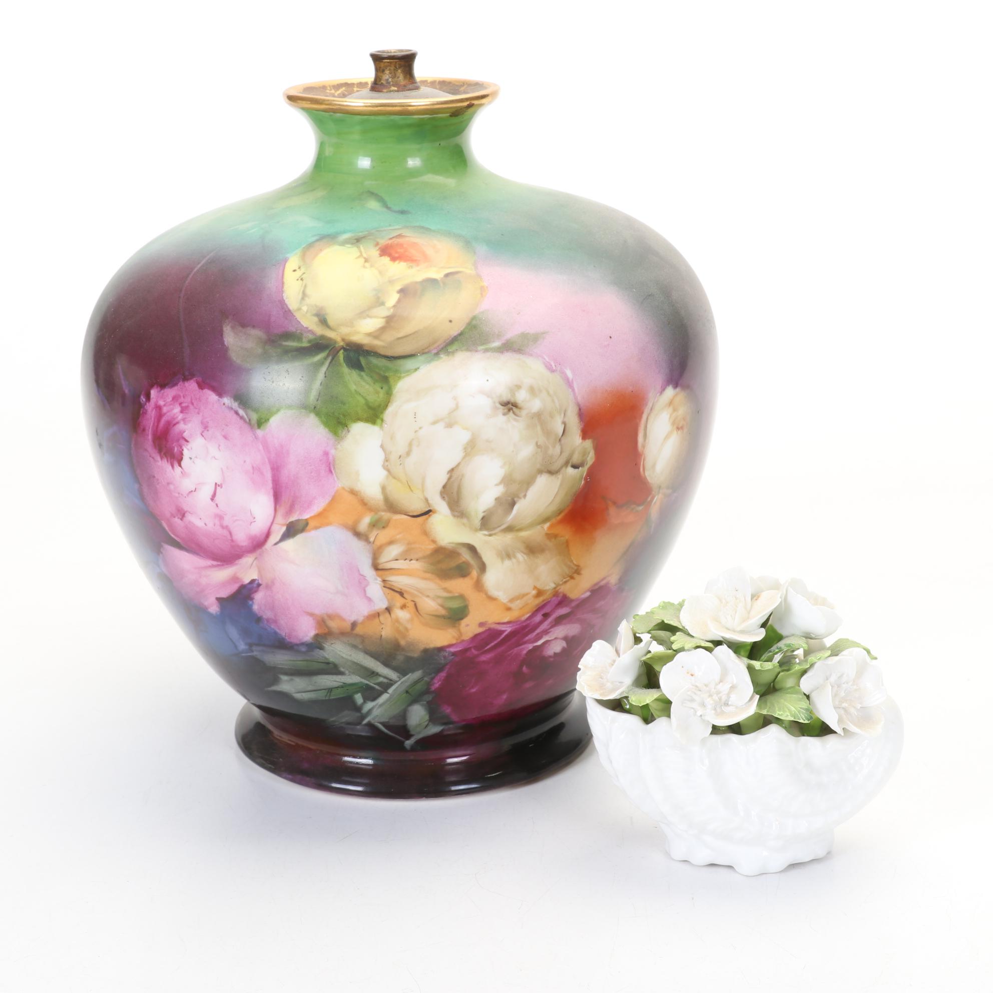 Hand Painted Floral Lamp Base With Coalport Bone China Flowers In A Shell