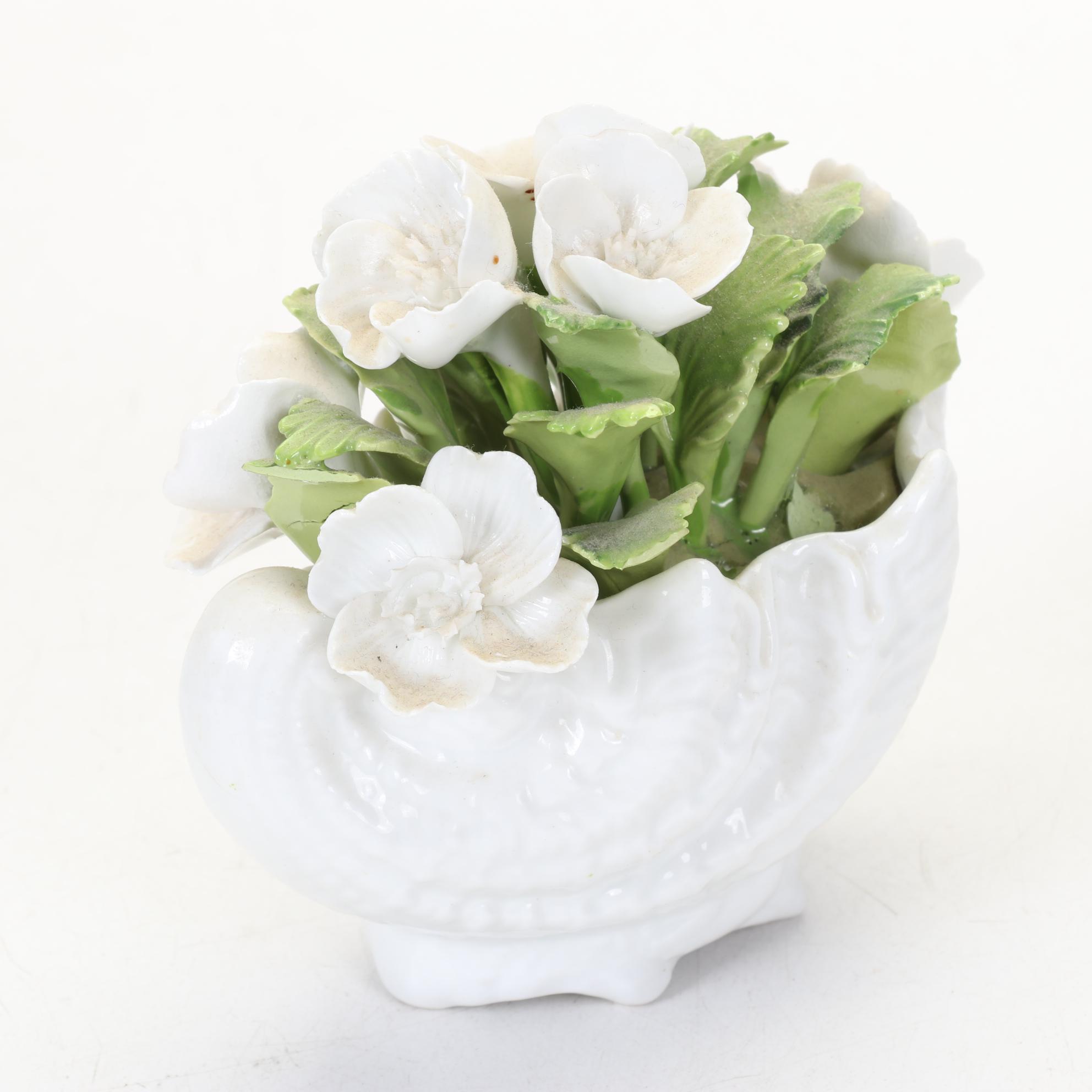 Hand Painted Floral Lamp Base With Coalport Bone China Flowers In A Shell