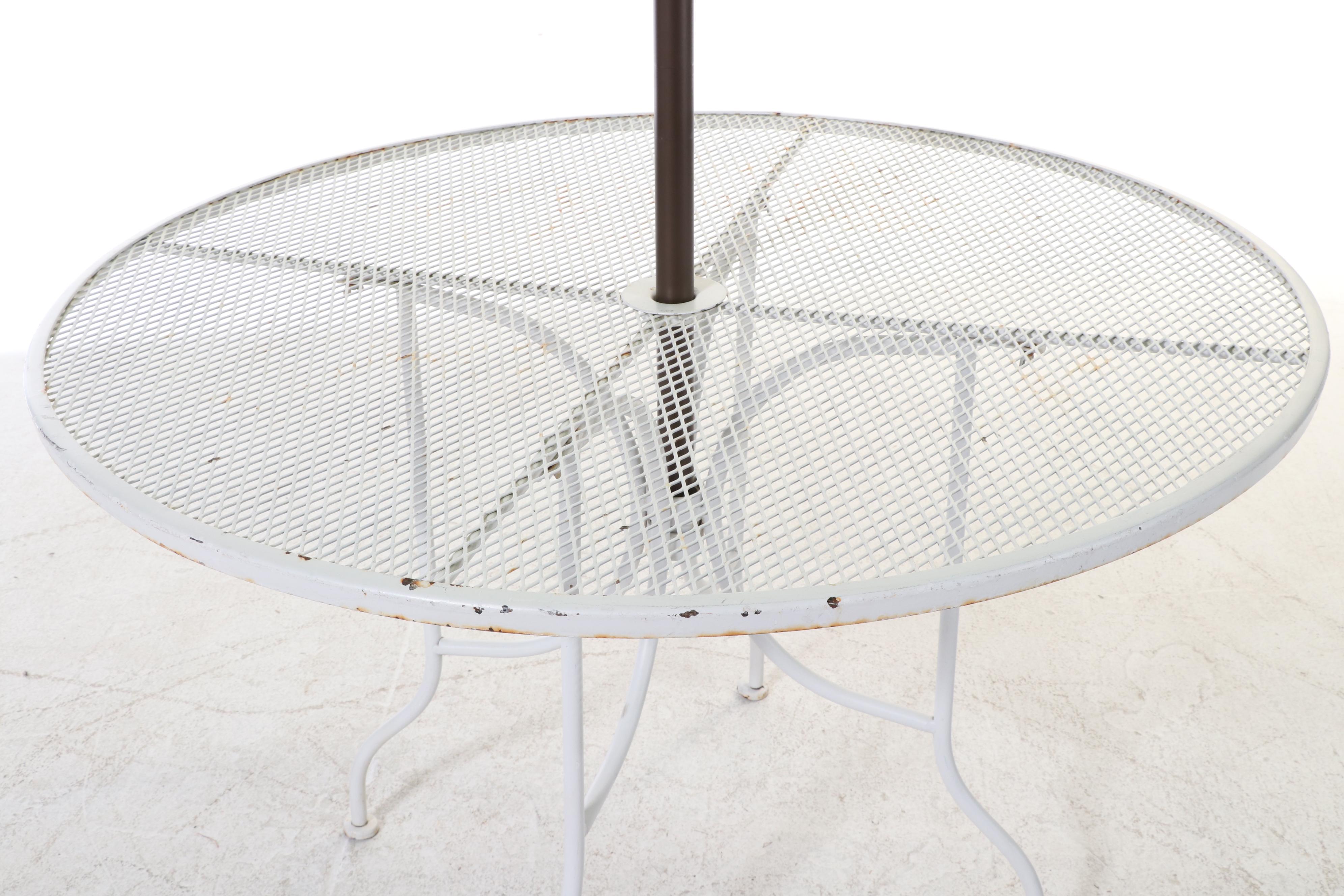 Five-Piece Painted Iron and Wire Mesh Patio Dining Set with Abba Patio Umbrella