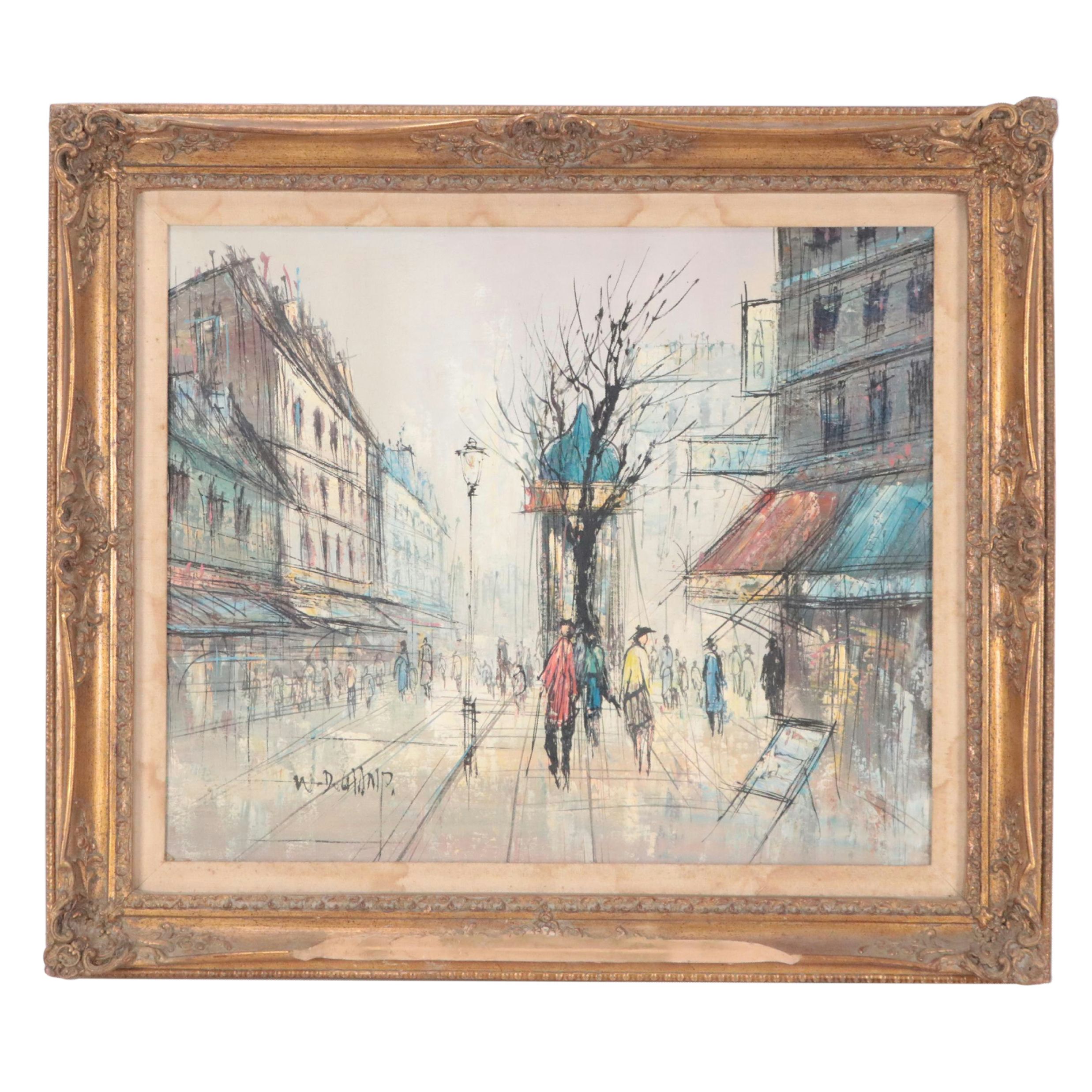 W. DuChamp Oil Painting of a City Street Scene, Mid to Late 20th Century