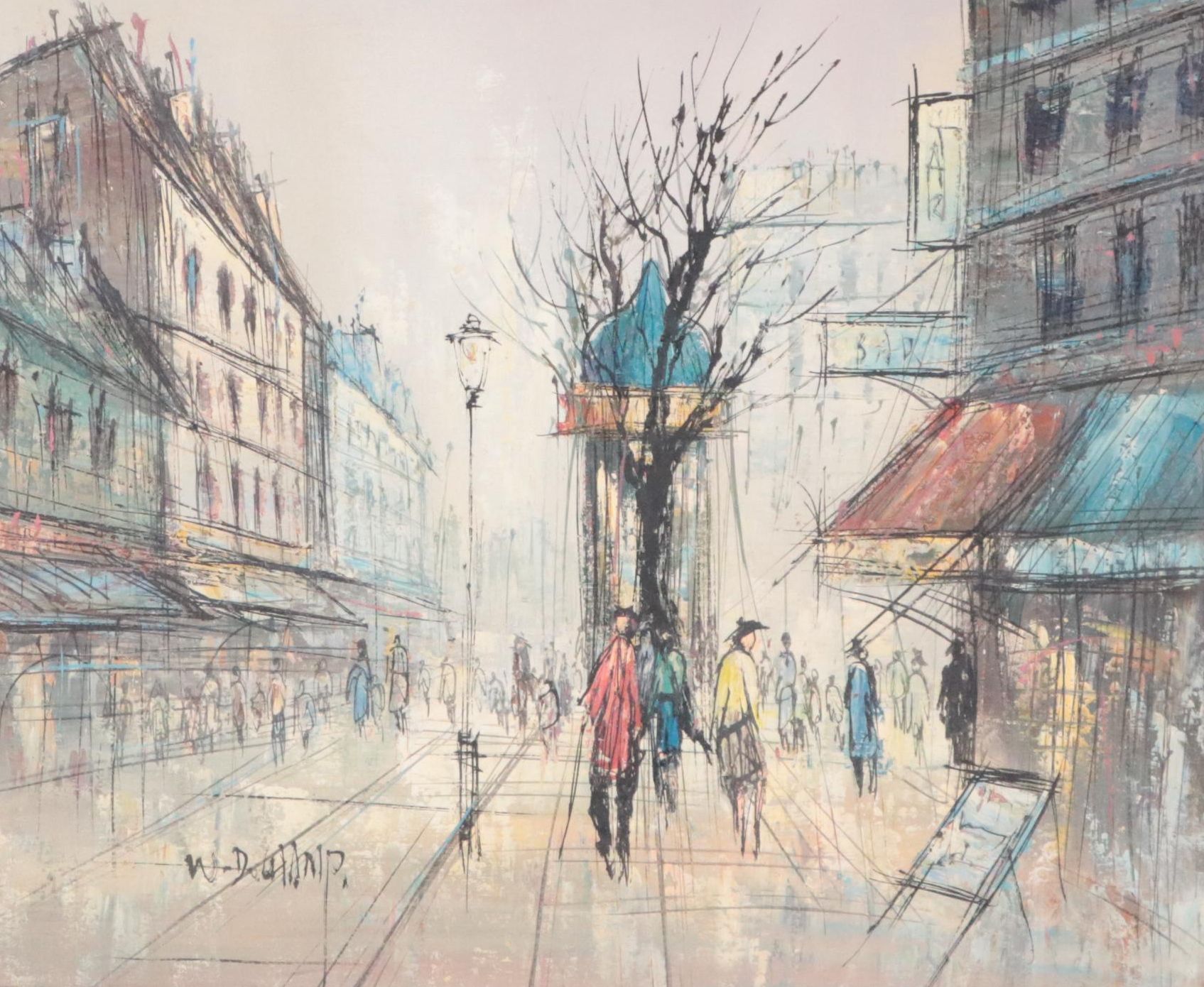 W. DuChamp Oil Painting of a City Street Scene, Mid to Late 20th Century