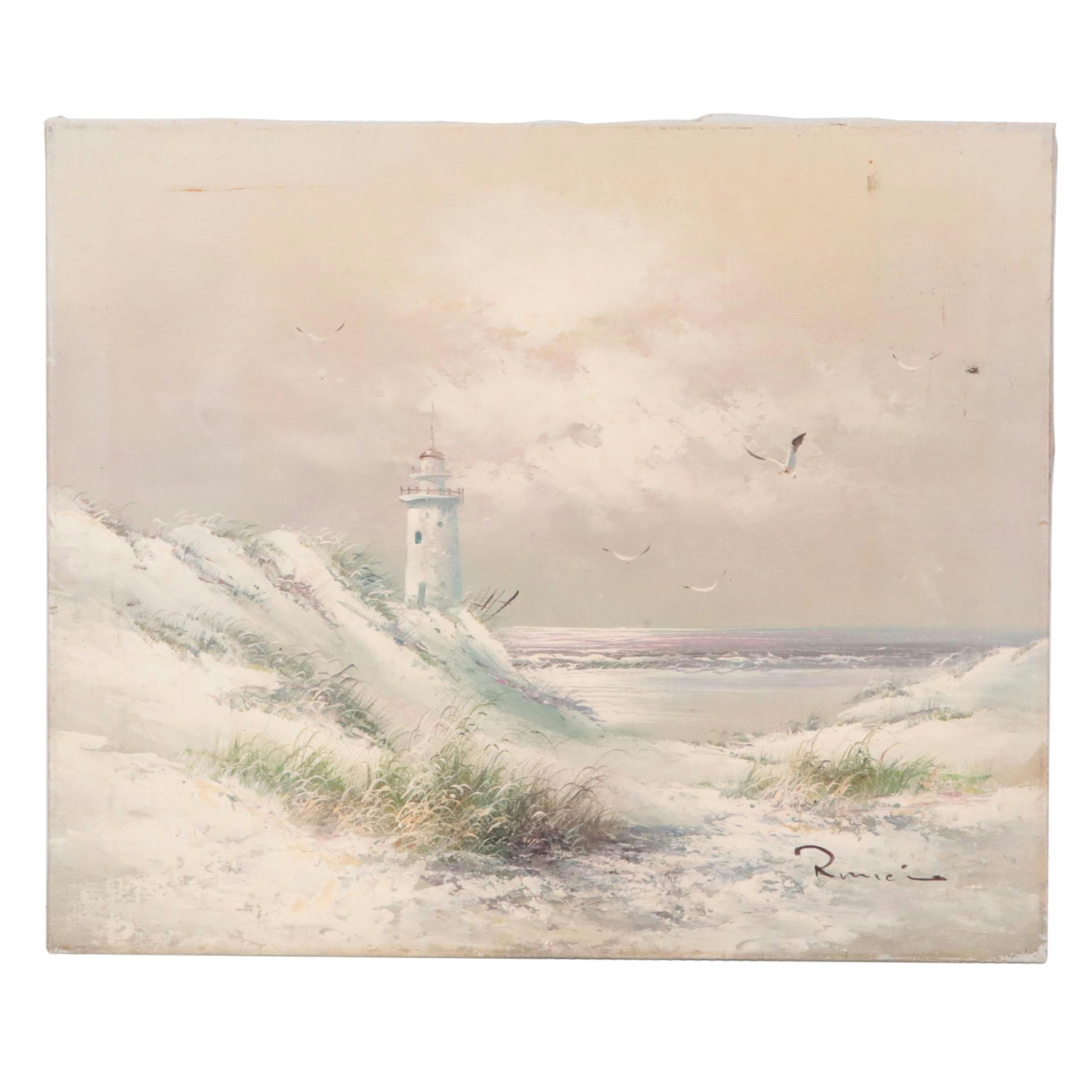 Oil Painting of a Coastal Landscape with Lighthouse