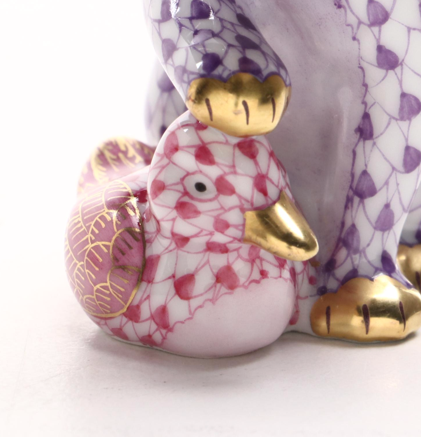 Herend Lavender and Raspberry Fishnet "Kitten and Duckling" Porcelain Figurine