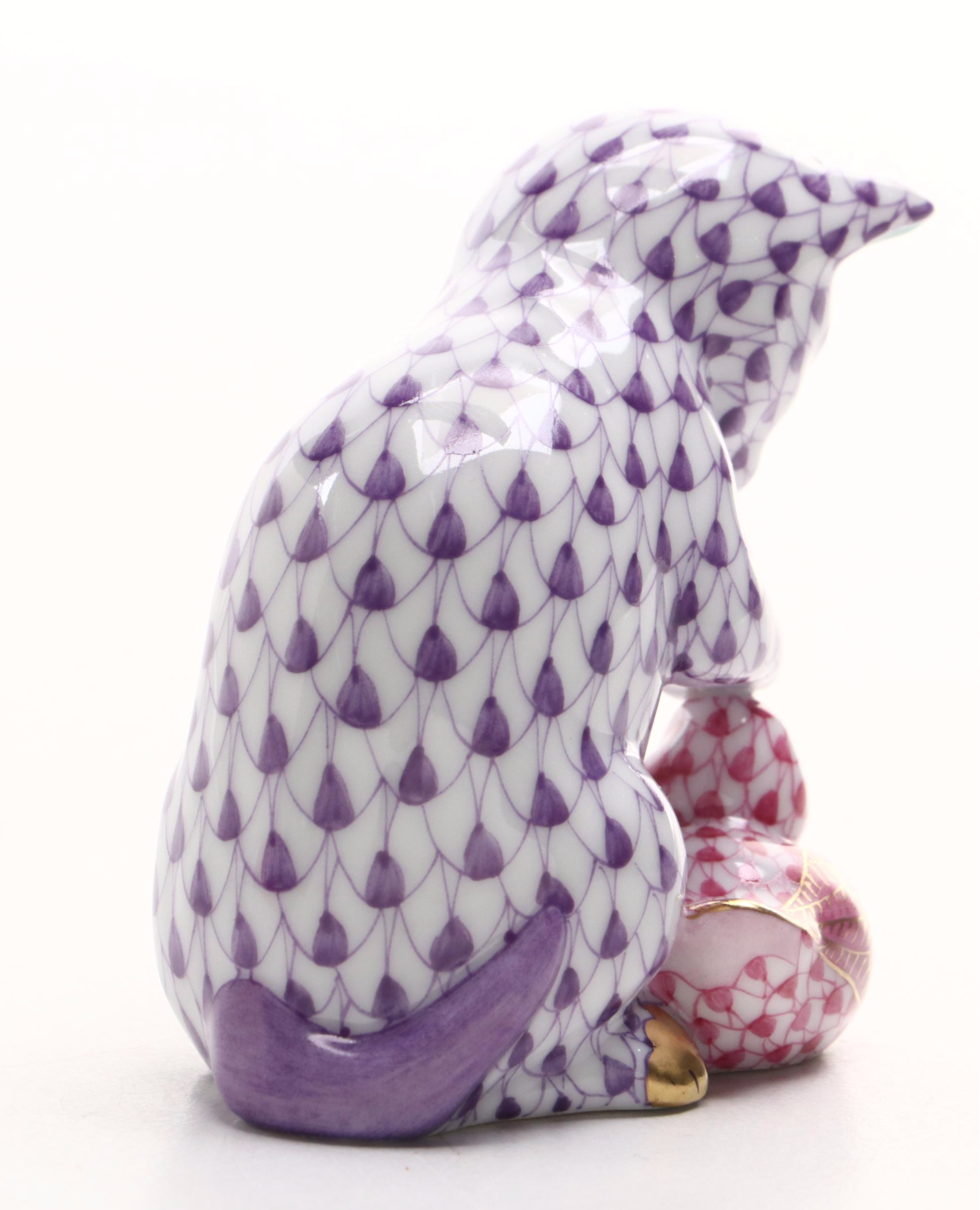 Herend Lavender and Raspberry Fishnet "Kitten and Duckling" Porcelain Figurine