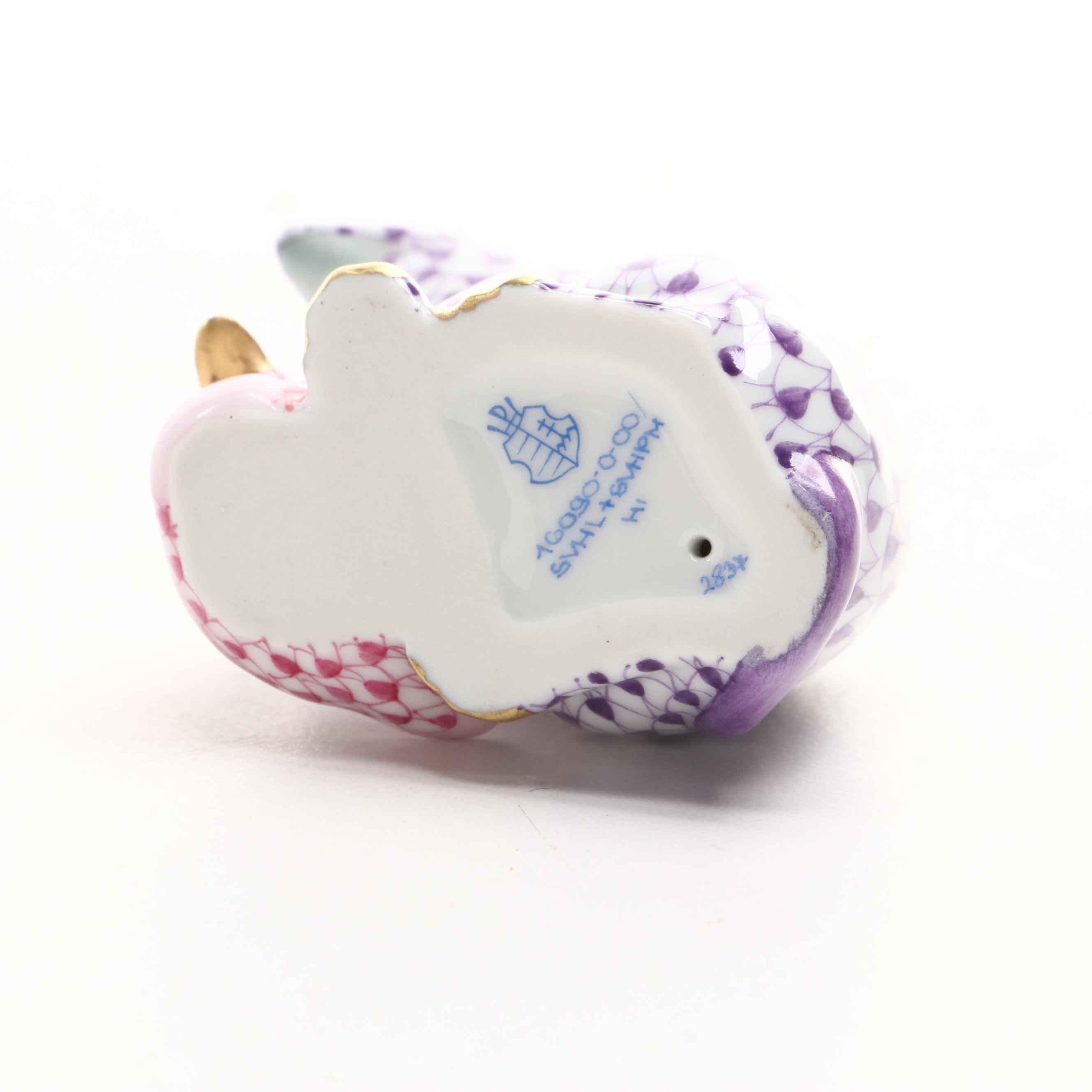 Herend Lavender and Raspberry Fishnet "Kitten and Duckling" Porcelain Figurine