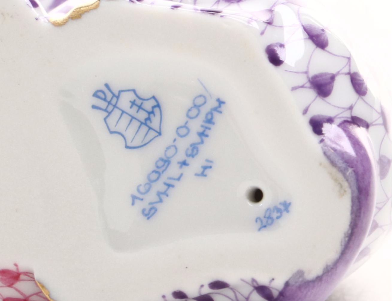 Herend Lavender and Raspberry Fishnet "Kitten and Duckling" Porcelain Figurine