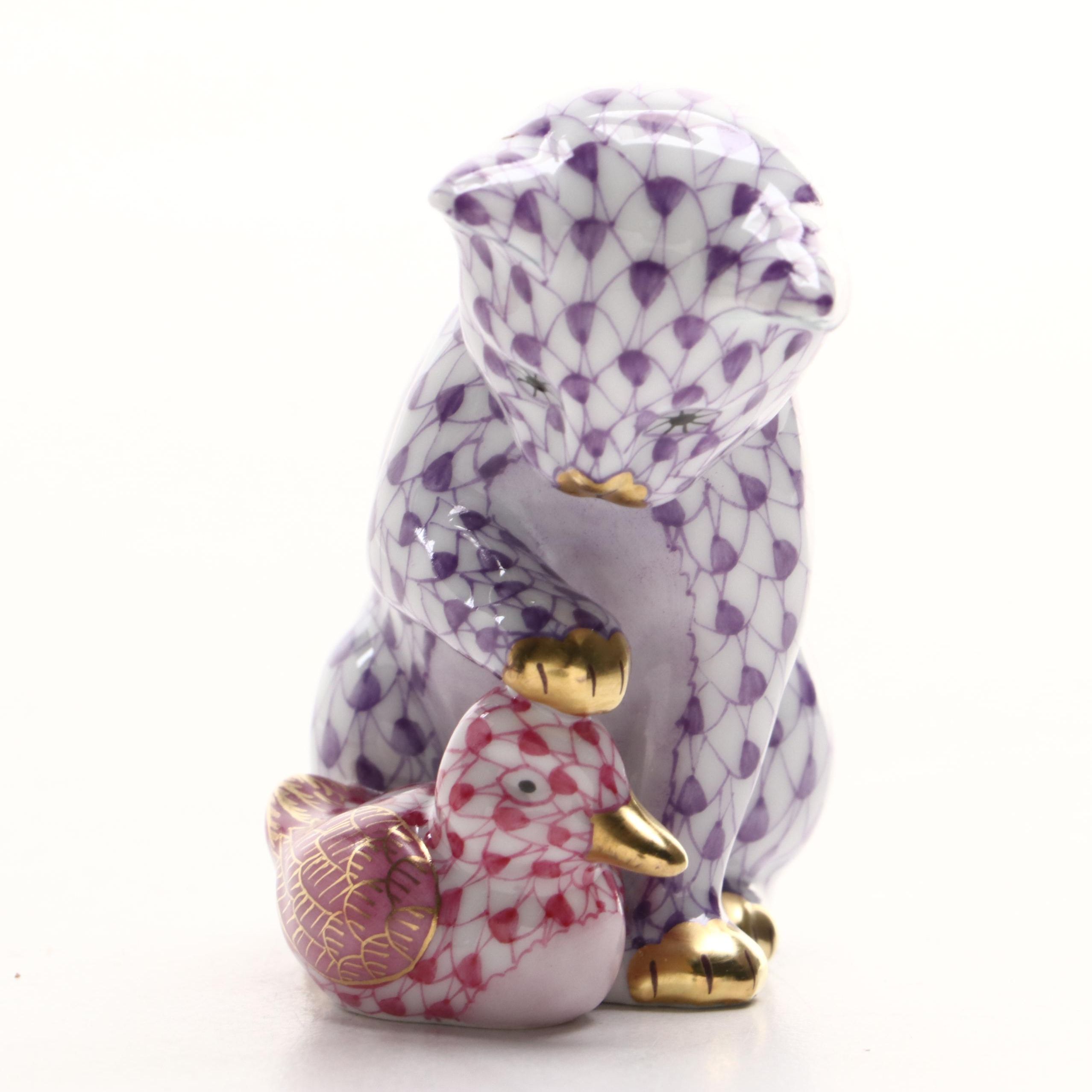 Herend Lavender and Raspberry Fishnet "Kitten and Duckling" Porcelain Figurine